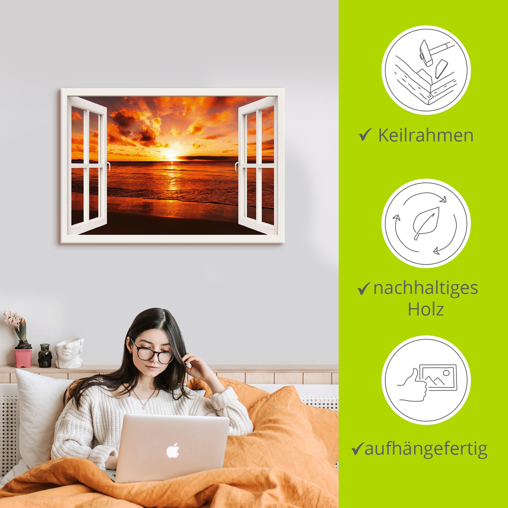 Artland Wandbild »Fensterblick Sonnenuntergang am Strand«, Fensterblick, (1 St.), als Leinwandbild, Poster in verschied. Größen
