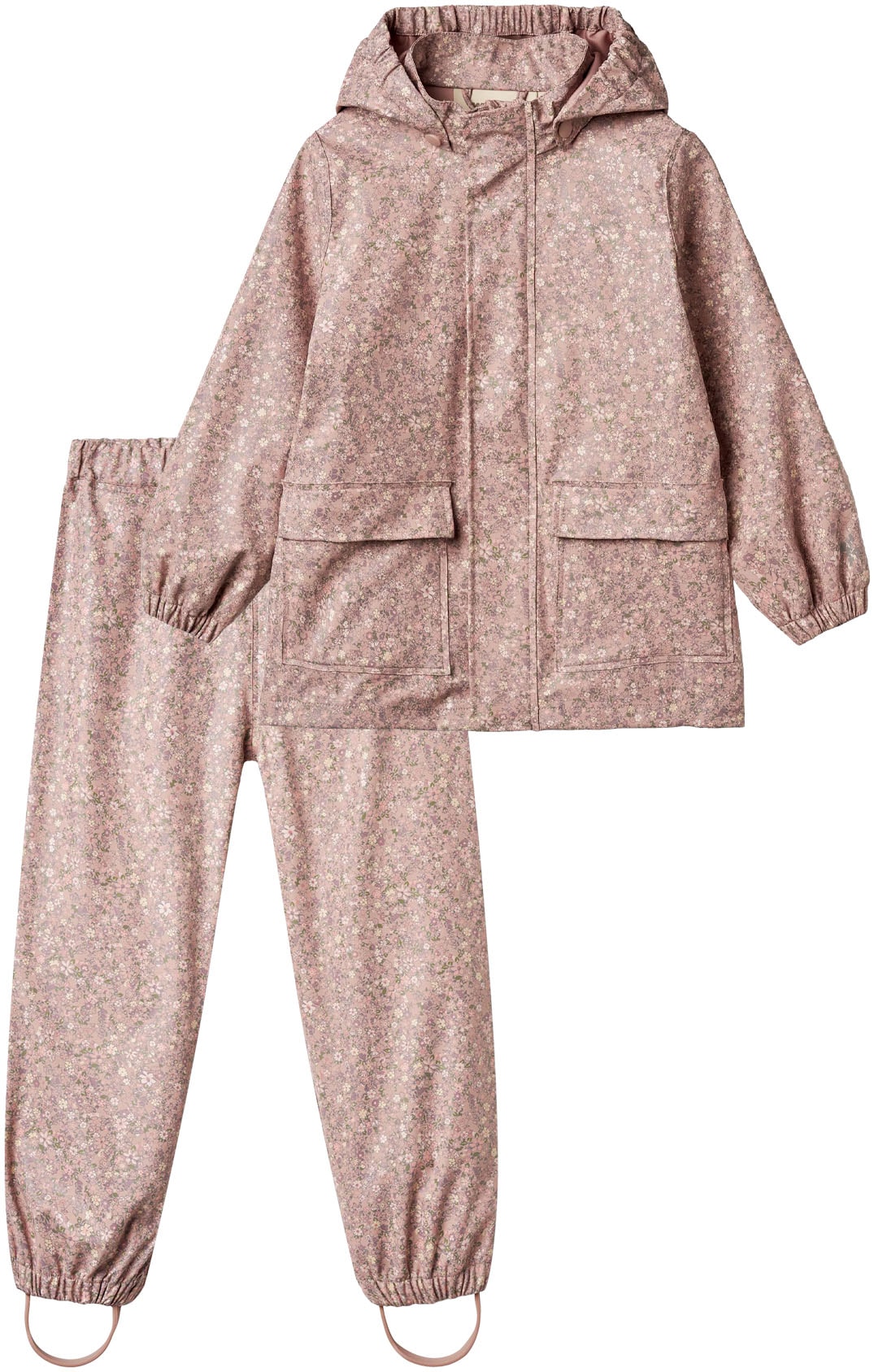 WHEAT Mädchen Regenjacke "Rainwear Ola Set"powder flower meadow, Gr. 104, bedruckt, geblümt, Web, Obermaterial: 100% Polyester, Jacken, mit