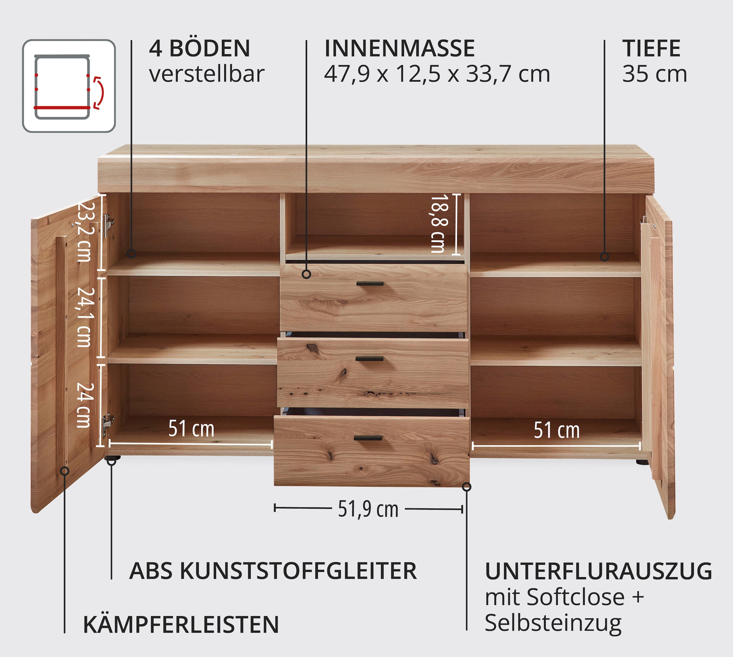 Wohnconcept Sideboard »Malaga Sideborad, 160x88x42 (BxHxT)« 1 Stk. tlg. Front Massivholz, 2 türig, 3 Schubladen, Softclose