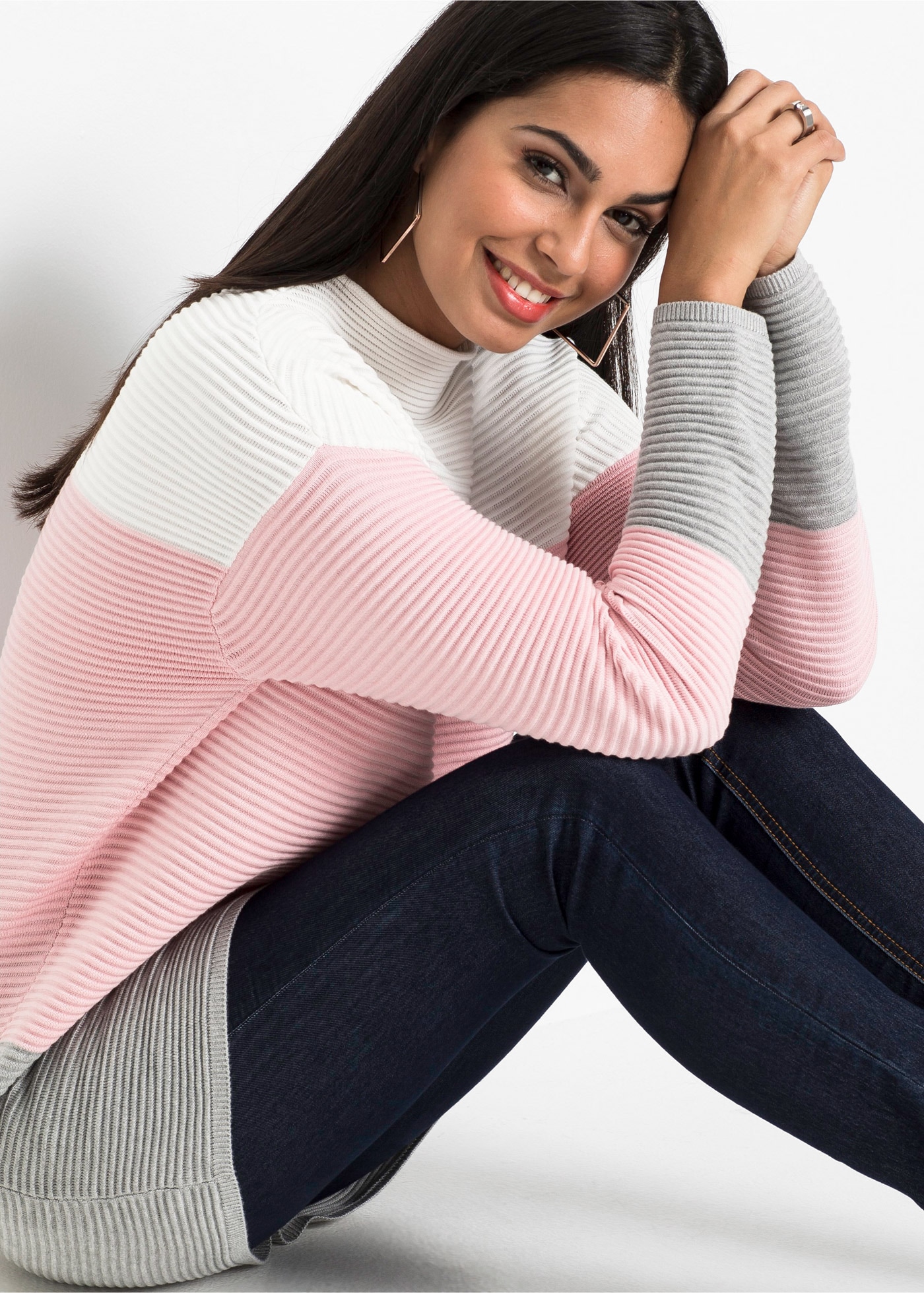 bonprix Longpullover »Gestreifter Long-Pullover« aus Baumwolle und Polyacryl, mit Stehkragen, für kühle Tage