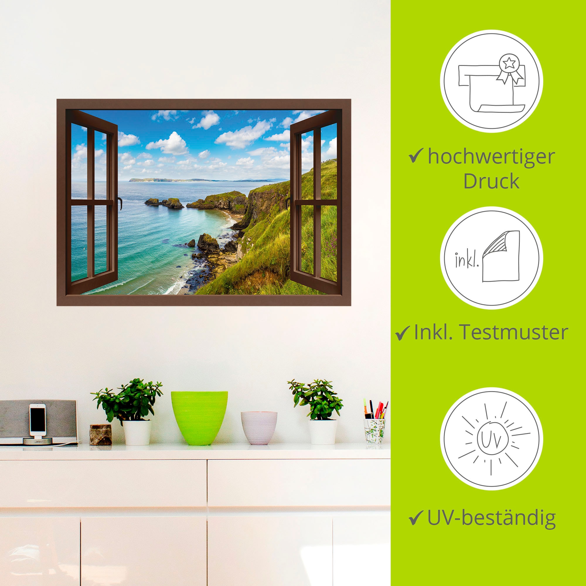 Artland Wandbild »Küstenweg in Nordirland durchs Fenster«, Meer Bilder, (1 St.), als Alubild, Outdoorbild, Leinwandbild, Wandaufkleber, versch. Größen