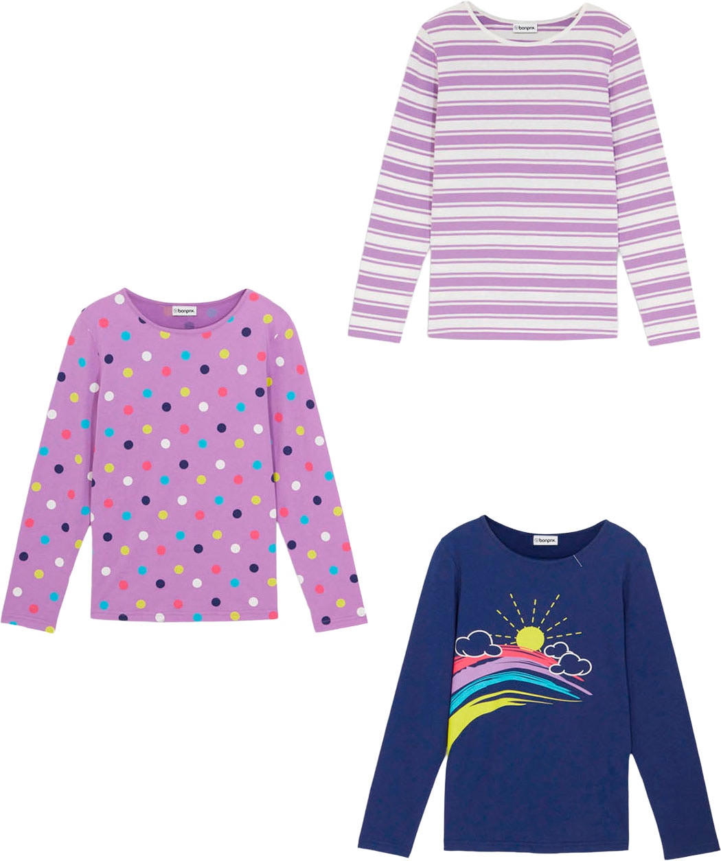 bonprix Langarmshirt Packung, 3 tlg. schmale Passform, mit attraktivem Print, aus Baumwolle