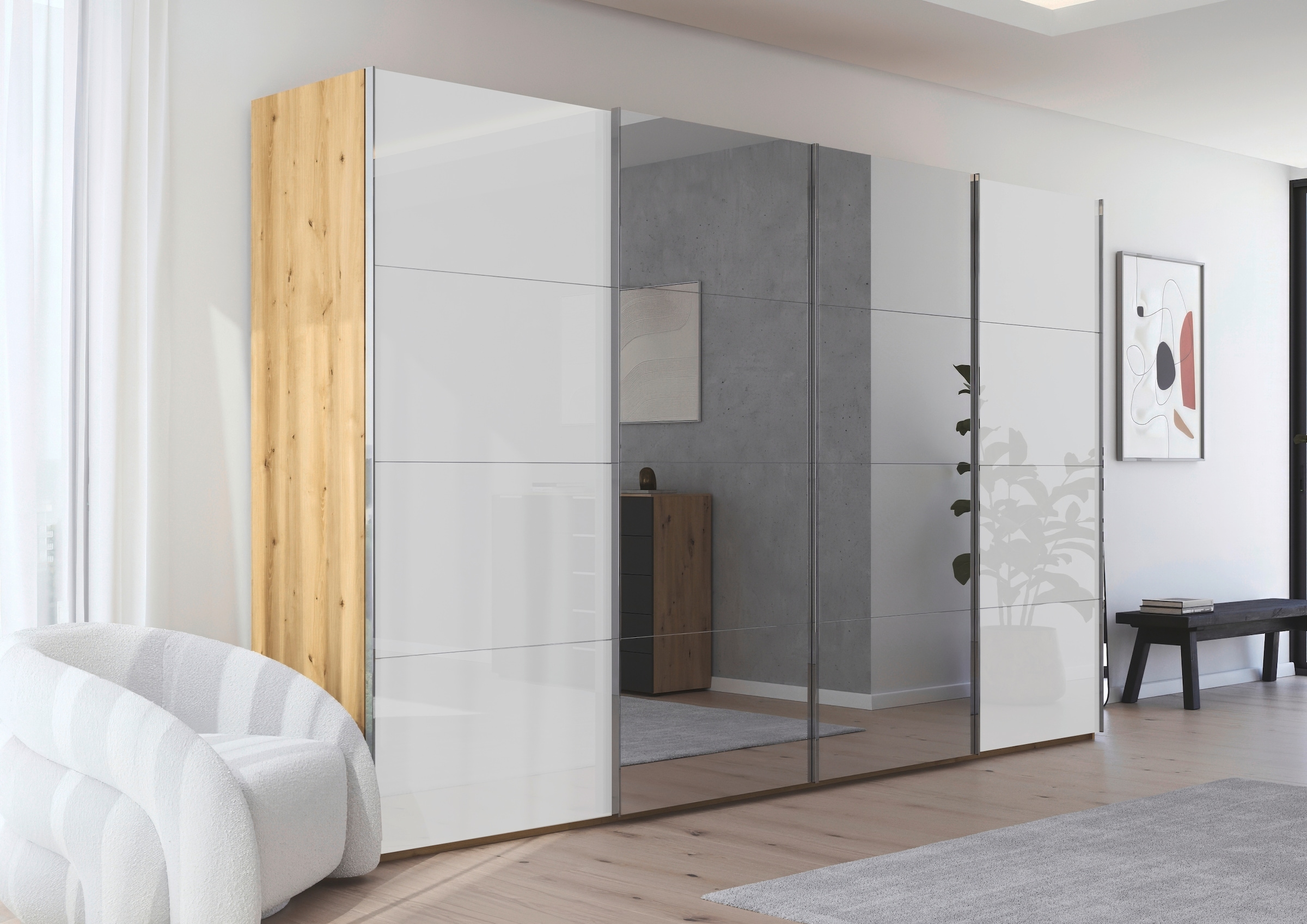 rauch Schwebetürenschrank »Kleiderschrank Schrank Garderobe Schlafzimmerschrank SCALE-FYRA«, edle viergeteilte Türen Spiegel/Glas-Mix viele Farben MADE IN GERMANY