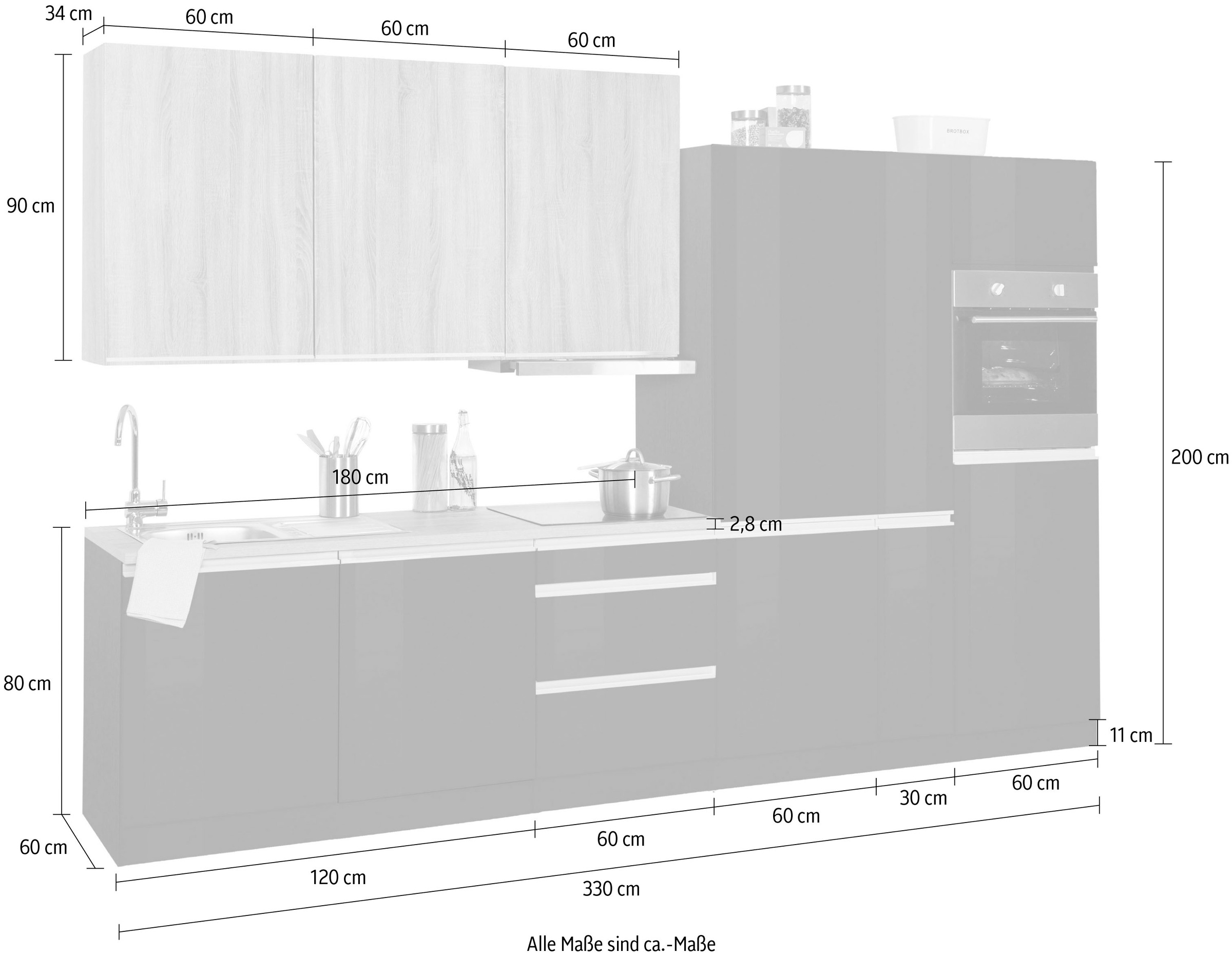 KOCHSTATION Küchenzeile »KS-Ohio«, mit E-Geräten, Breite 330 cm