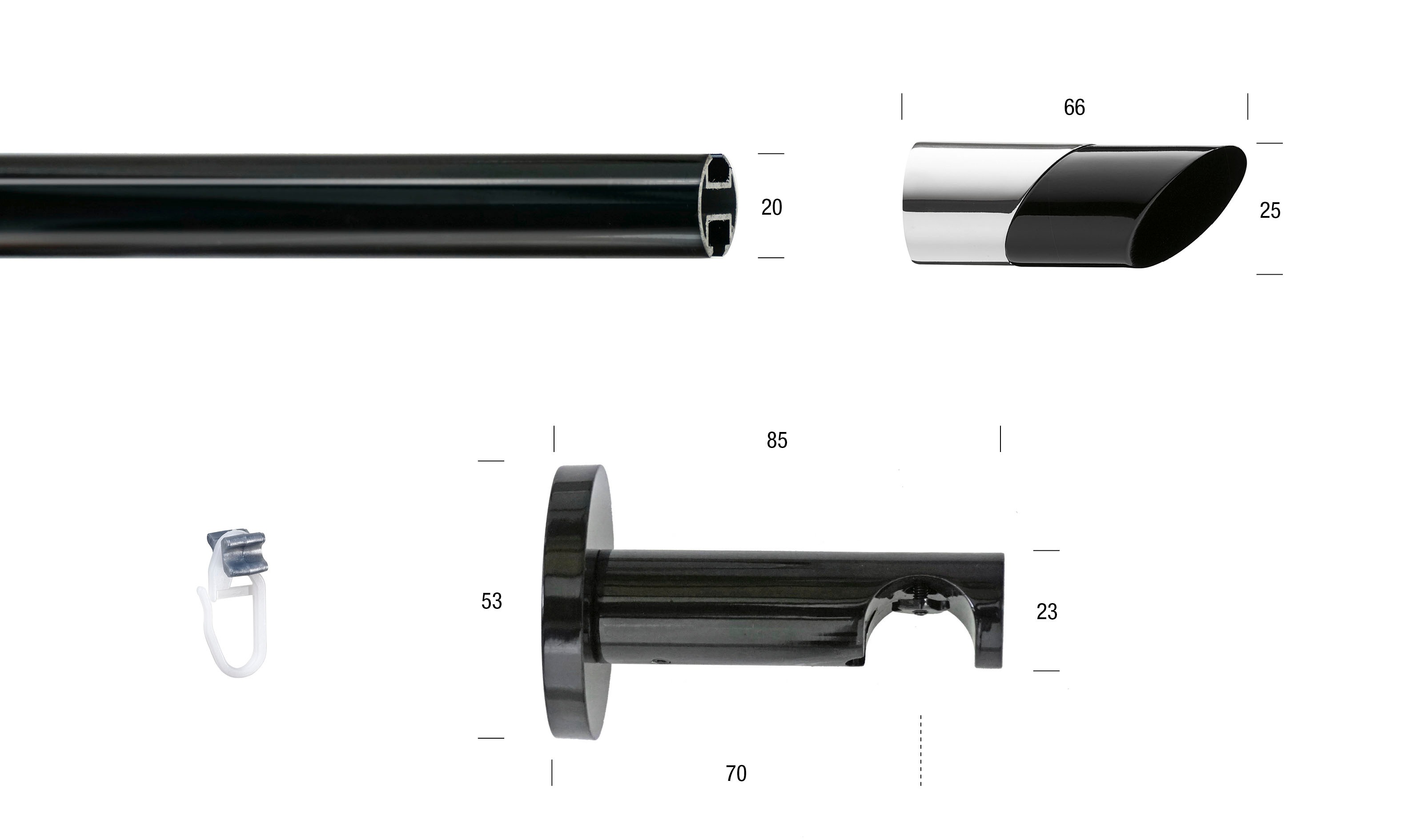 Thumbnail - GARESA Gardinenstange "BLACK" Ø 20 mm 1 läufig-läufig Wunschmaßlänge Vorhanggarnitur, Innenlauf, verlängerbar, Knopf abg...