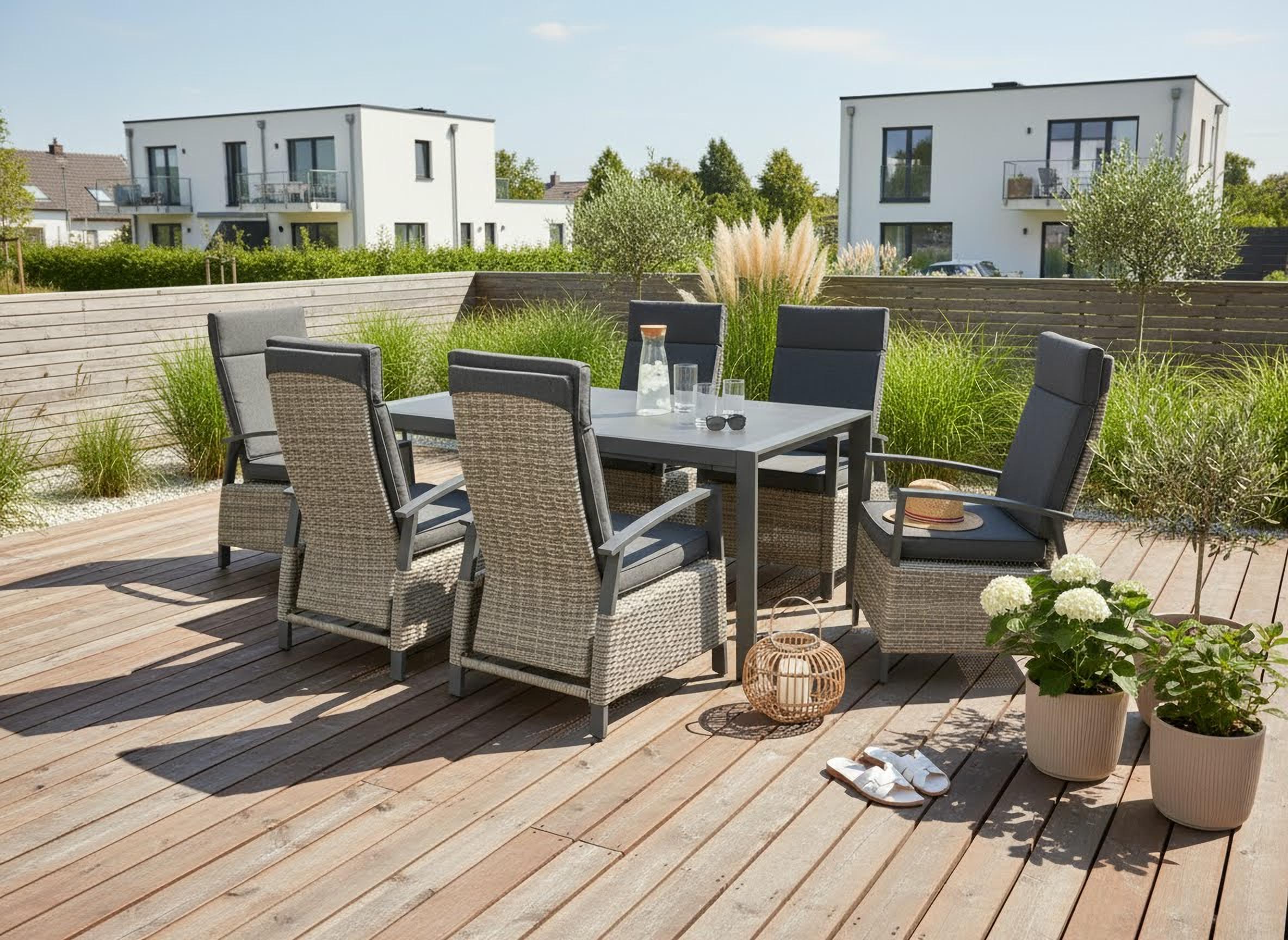 KONIFERA Garten-Essgruppe "Menton" Set, 6x Stuhl, 6x Auflage, 1x AZ-Tisch, 13 tlg. bestehend aus 6 Sesseln mit 6 Sitzauflagen und 1 Tisch