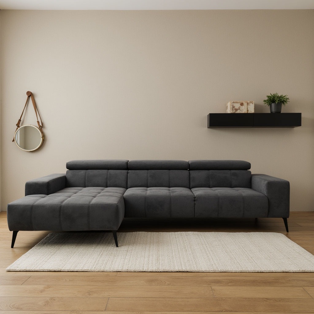 DOMO collection Ecksofa "Trento L-Form, mit Kufenfuß oder Einzelfuß" whlw. verstellbare Kopfteile, passend für gängige Saugroboter