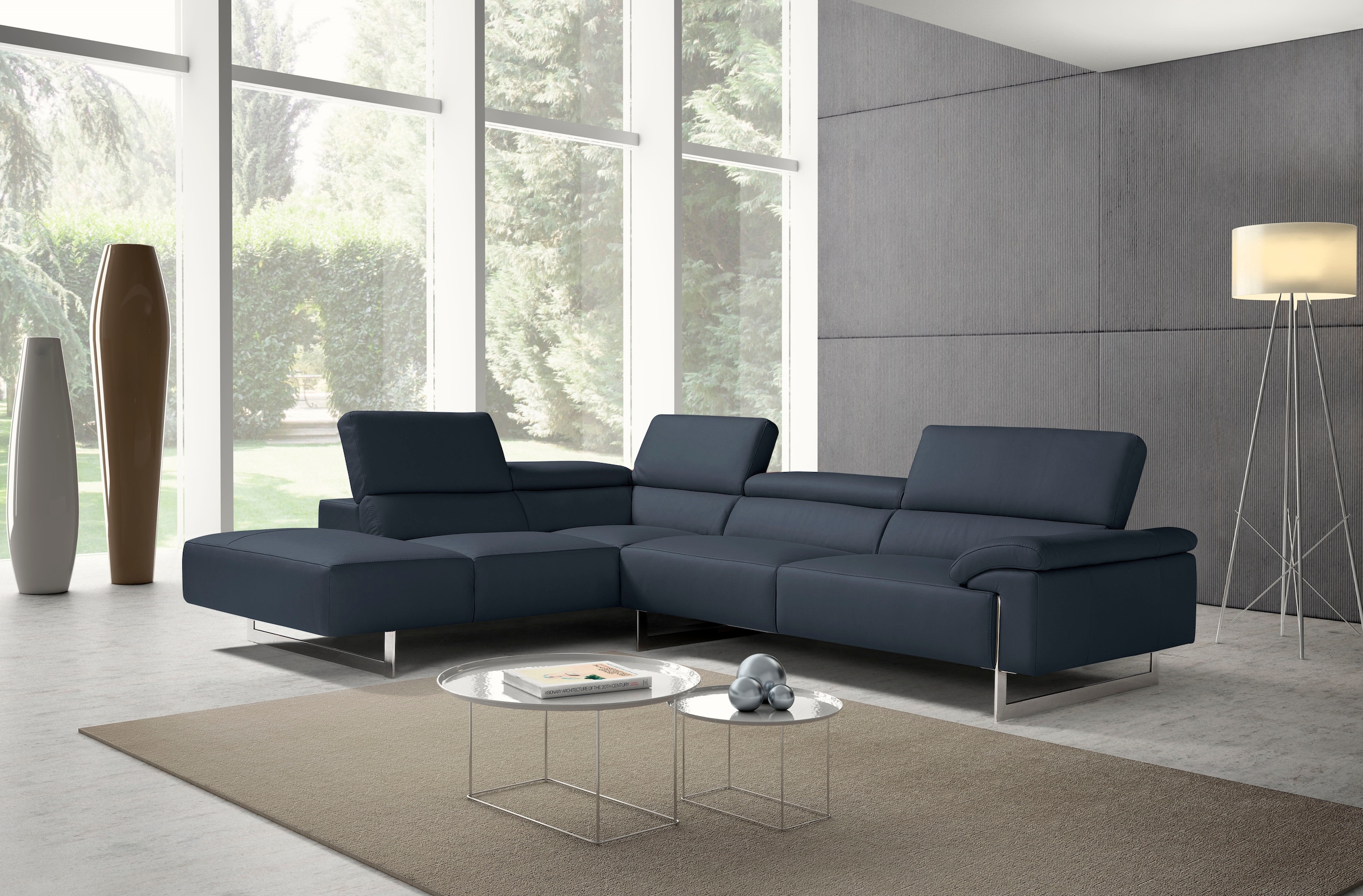 Egoitaliano Ecksofa "Malika, elegant und bequem, Designsofa, L-Form" mit Ottomane, inkl. Kopfteilverstellung und chromfarbenen Metallfüßen