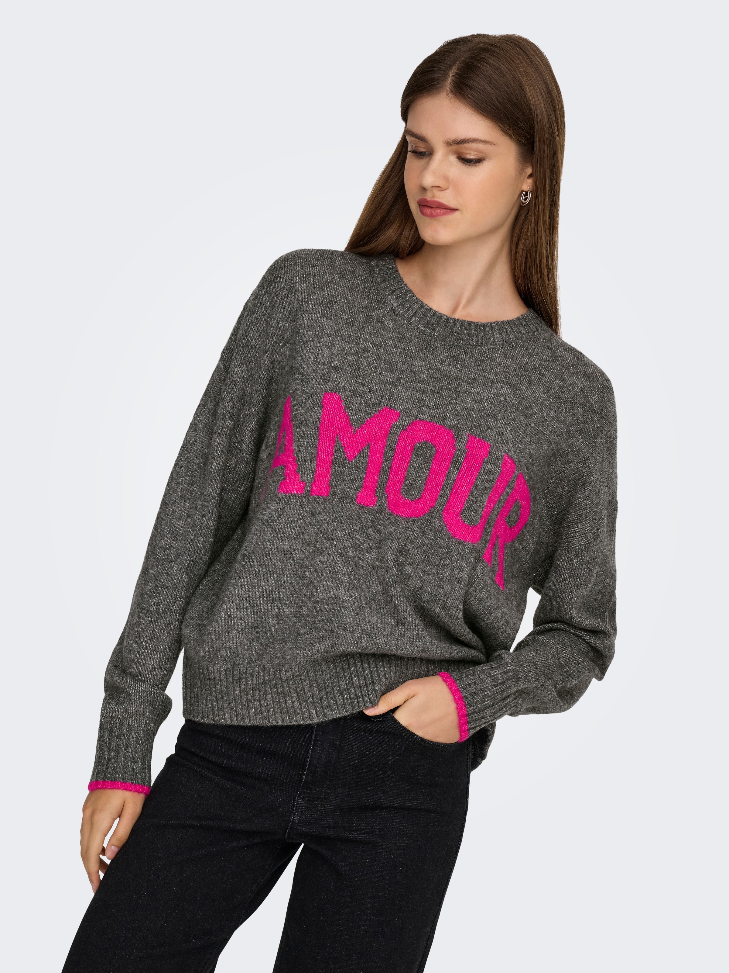 ONLY Rundhalspullover "ONLNEW AMOUR LS TEXT O-NECK CS KNT" günstig online kaufen