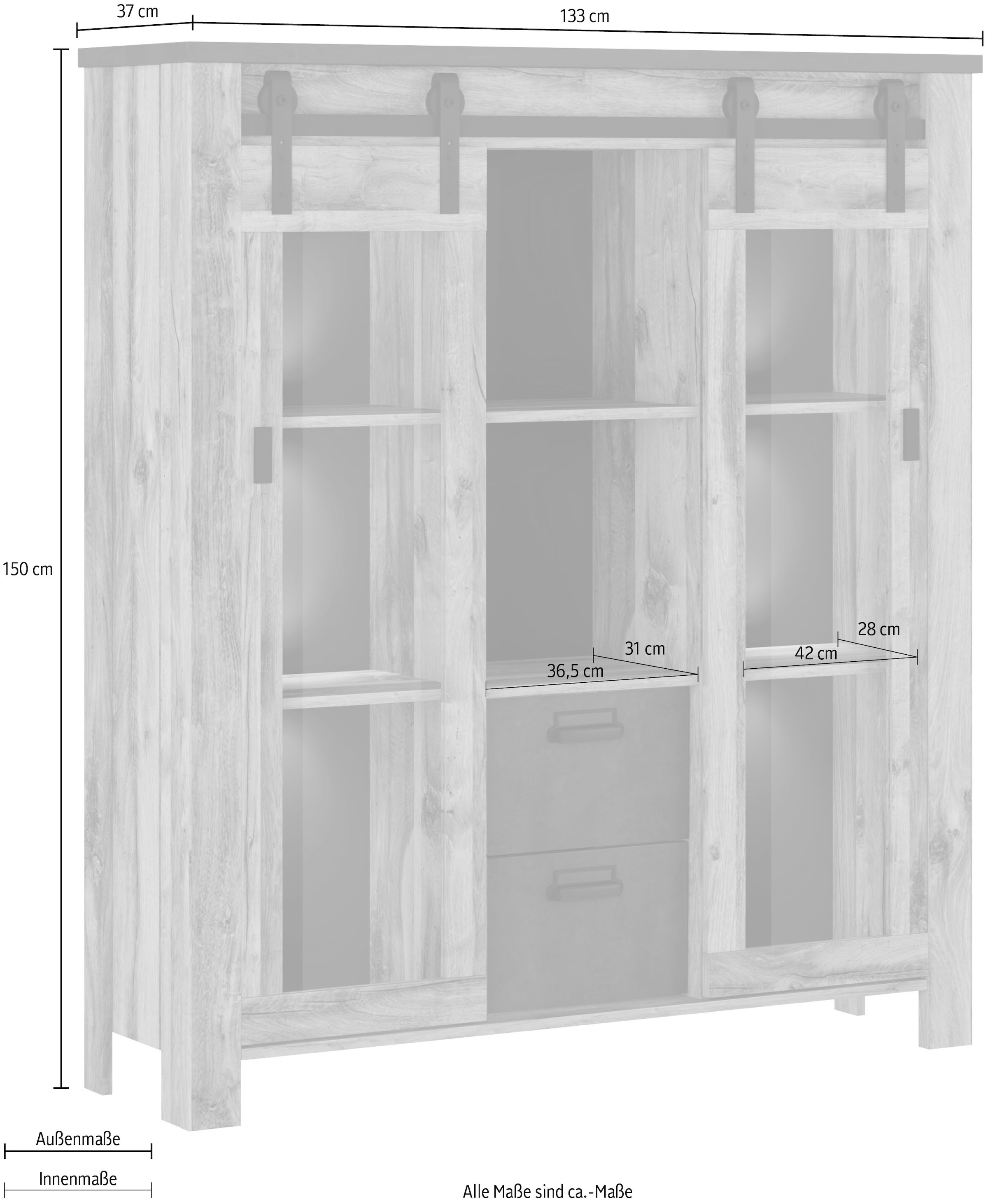 Home affaire Highboard »York, moderner Hochschrank, Vitrine in Hunton Oak, Industrialdesign«, mit Scheunentorbeschlägen & Apothekergriffen aus Metall, 150 cm hoch