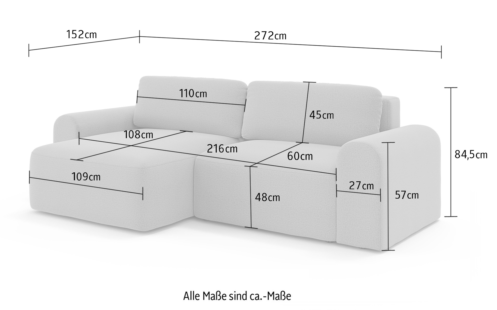 OTTO home Ecksofa »LEOO universell Schlafsofa mit Bettkasten, Maße B/T/H: 272/152/84,5 cm«, L-Form mit Recamiere rechts oder links montierbar, hoher Sitzkomfort