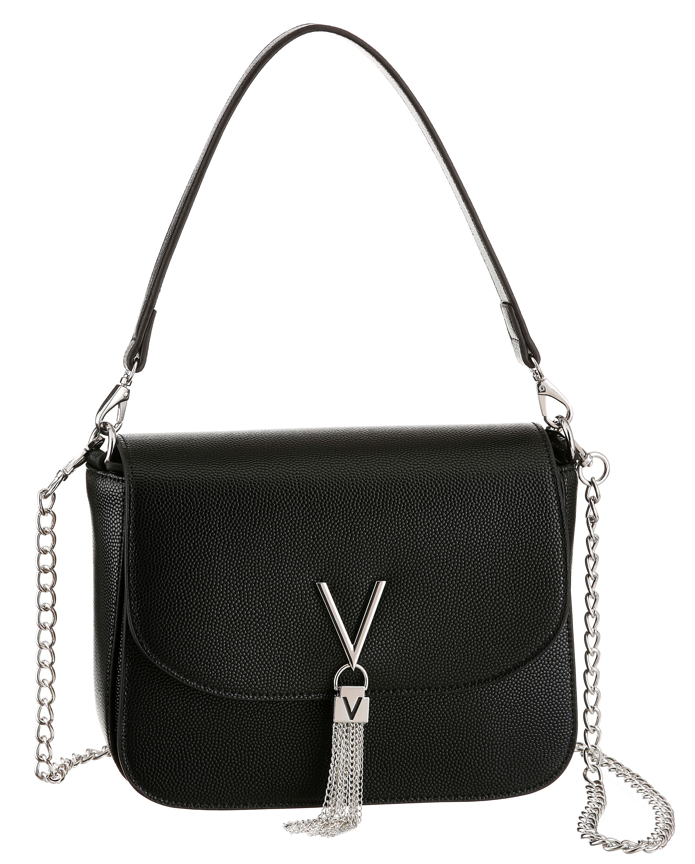 "Schultertasche VALENTINO BAGS ""DIVINA"", Damen, Gr. B/H/T: 23cm x 17cm x 8cm, schwarz, Lederimitat, Taschen Schultertasche, mit Ketten Details