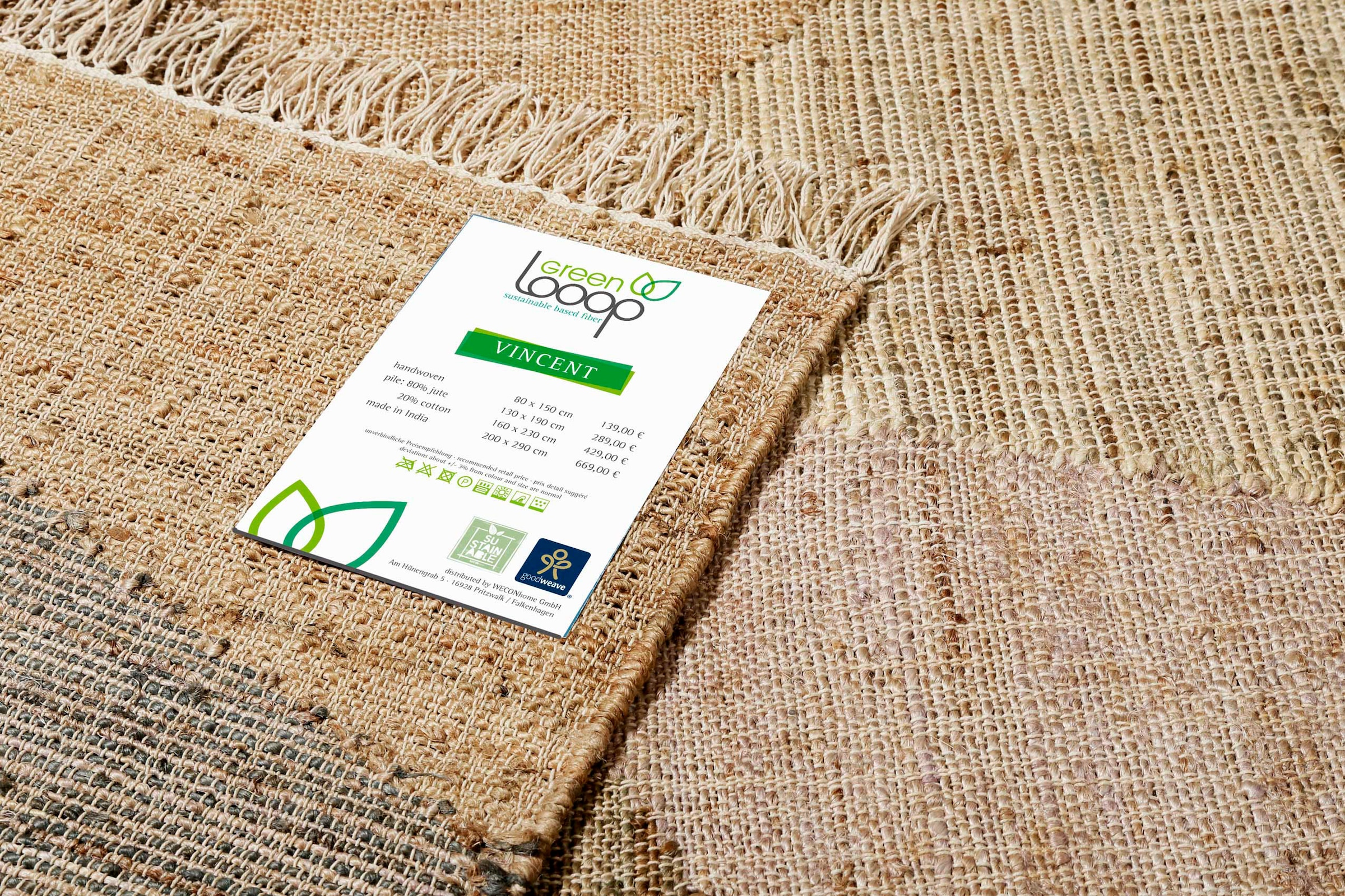 Green Looop Teppich »Vincent GL-82111«, rechteckig, 4 mm Höhe, Naturfaser Teppich aus Jute mit Baumwolle, mit Fransen, Wohnzimmer