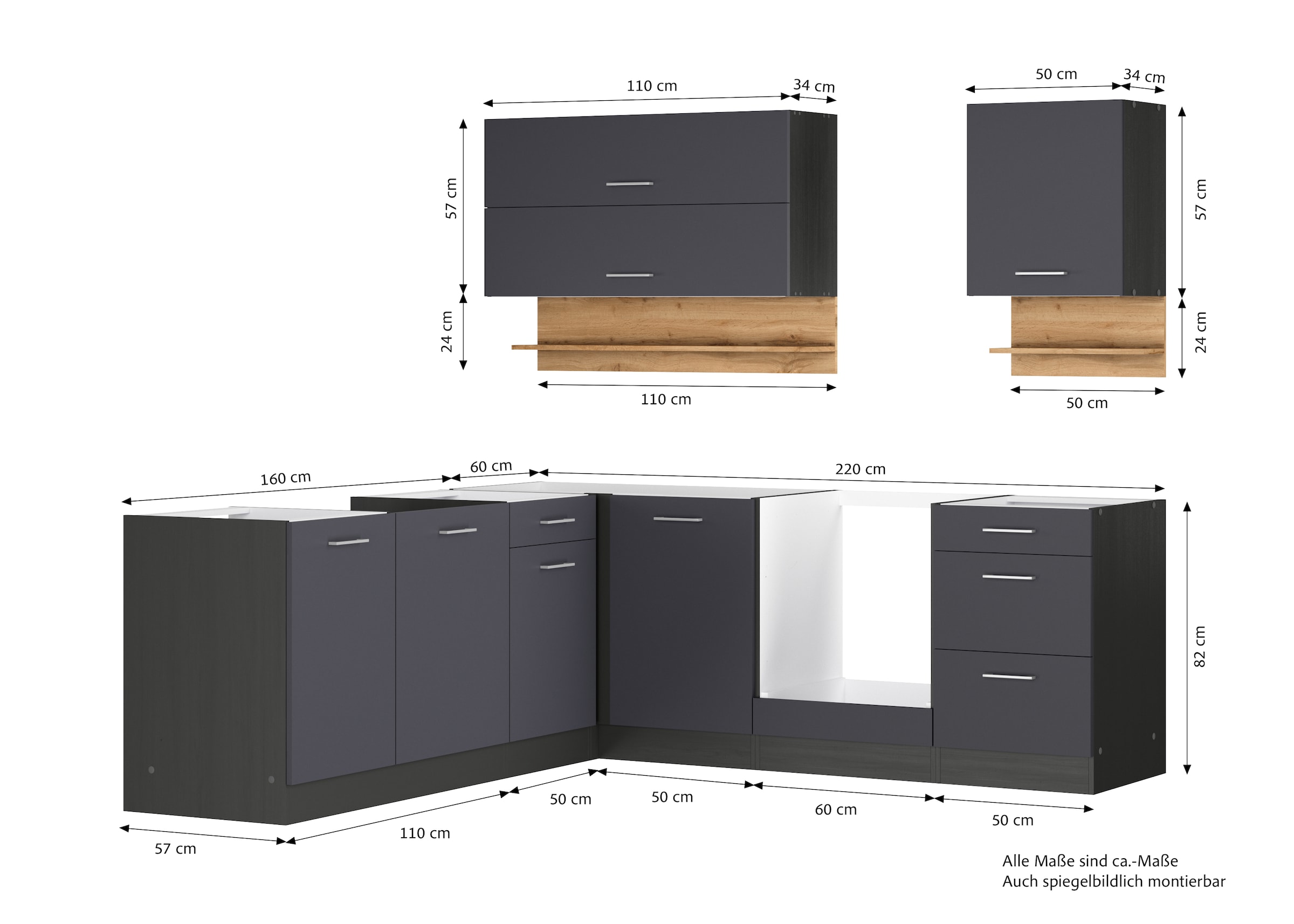 KOCHSTATION Winkelküche »KS-Milan« Stellbreite 220/220 cm, viel Stauraum, wahlweise mit E-Geräten