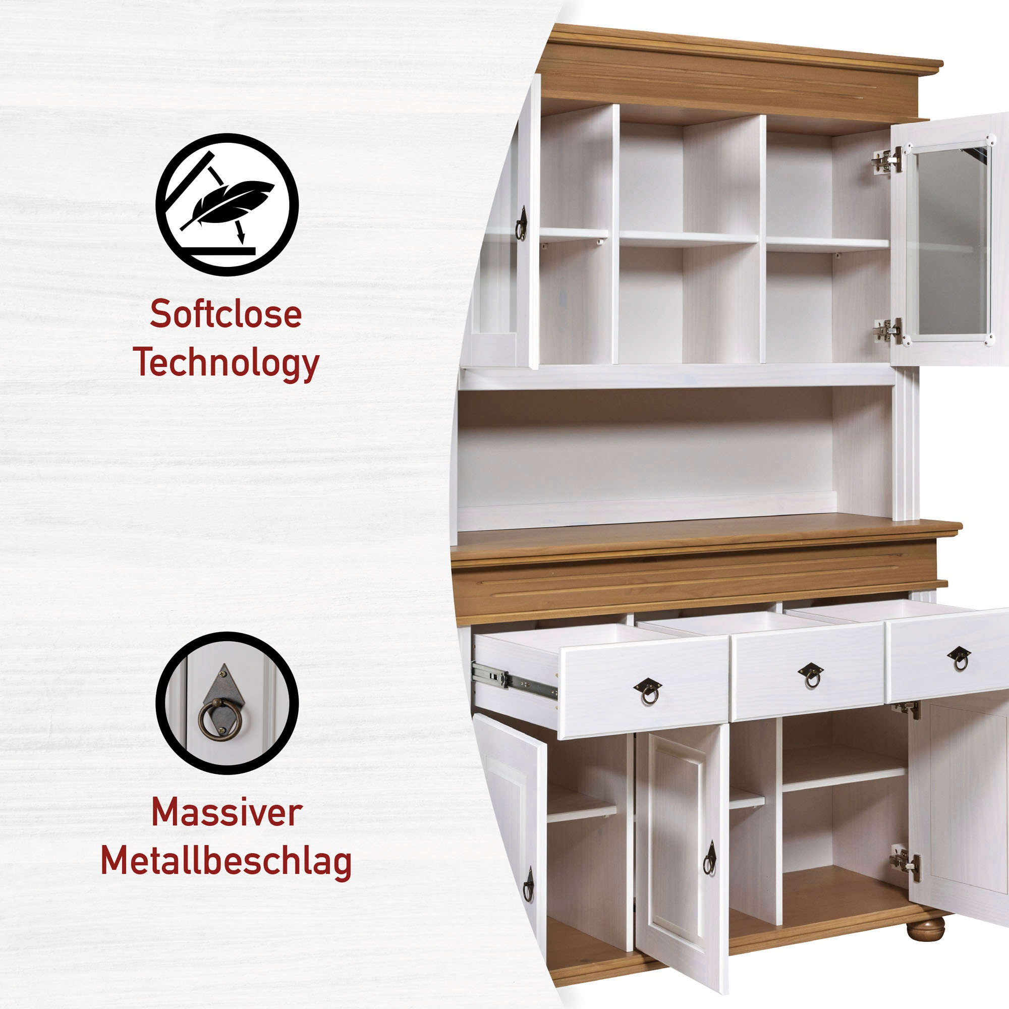 Inter Link Buffet »Halmaro, Kiefer Massivholz, Weiss/Braun-Oak, 141 x 46,30 x 213 cm« 1 Stk. tlg. Vitrine im Laudhausstil, Küchenschrank mit Glastüren, viel Stauraum
