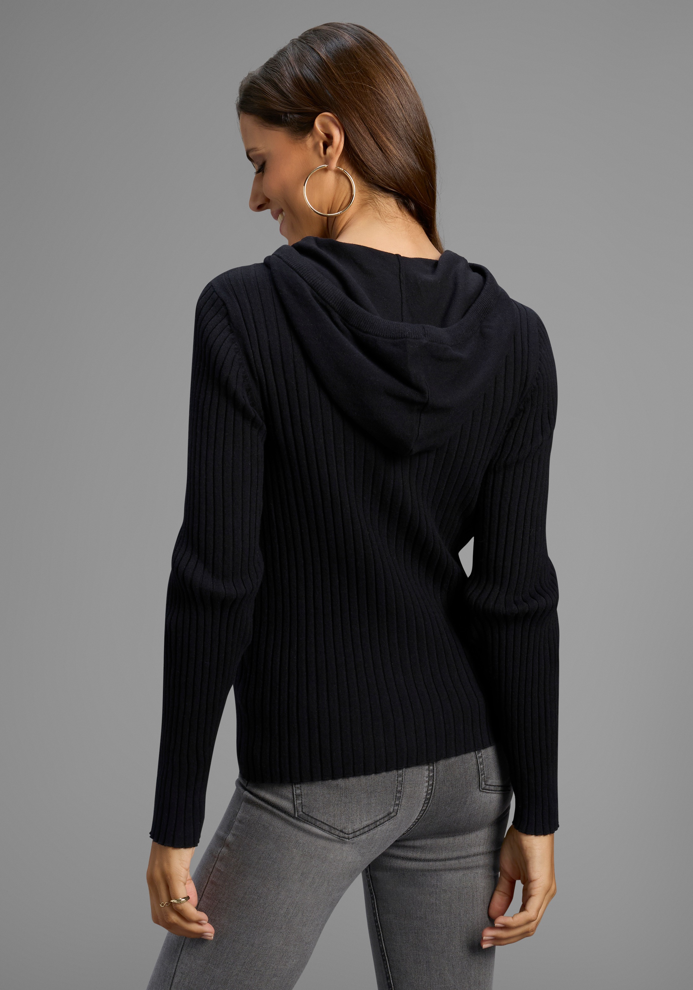 Laura Scott Kapuzenstrickjacke Feinstrick mit Rippe mit 2-Wege-Reißverschlu günstig online kaufen