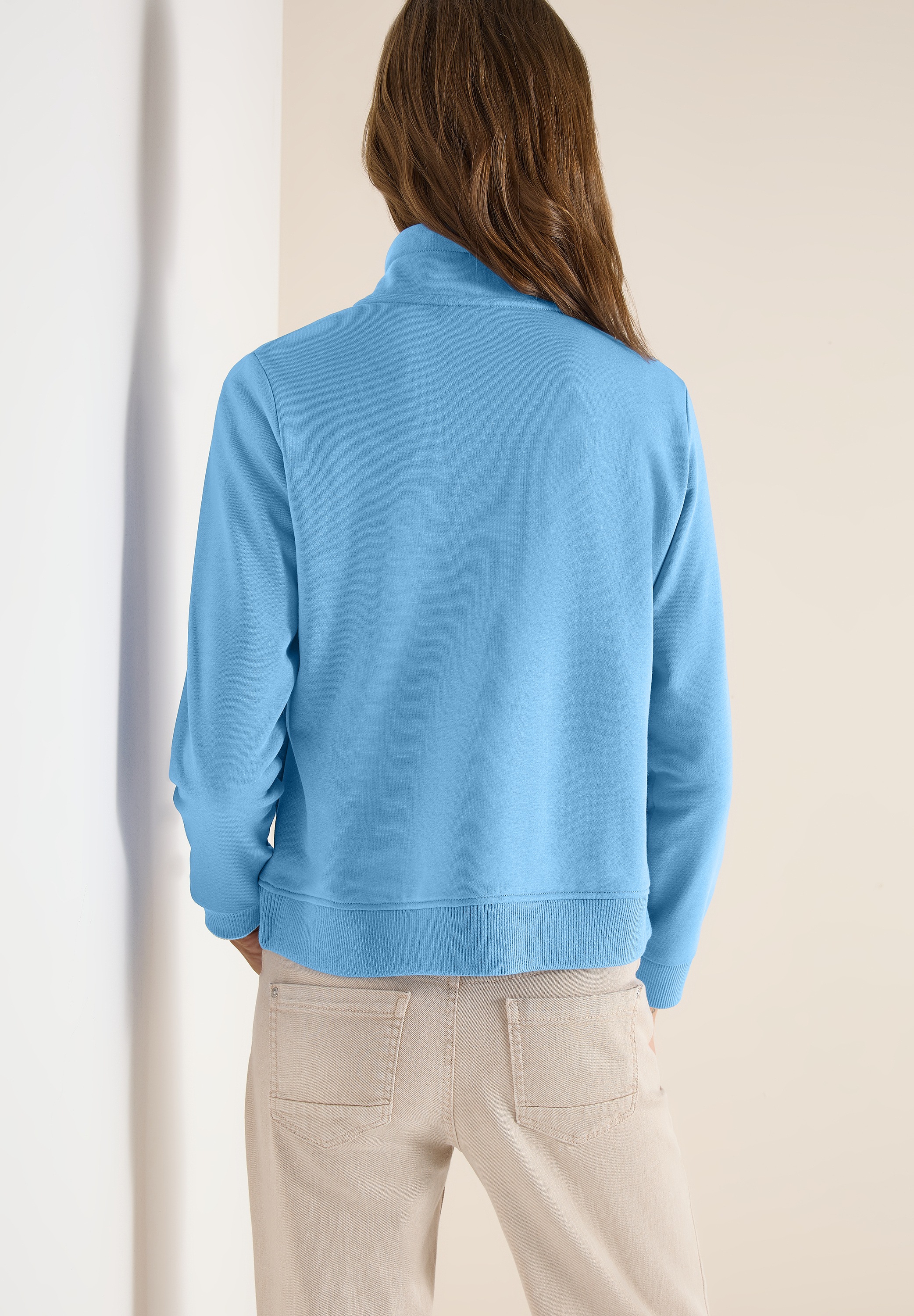 Sweatjacke CECIL, Damen, Gr. XXL (46), fountain blau, Sweatware, Obermaterial: 55% Baumwolle, 45% Polyester, unifarben, bequem hüftbedeckend, Rundhals, Bündchen, Sweatjacken Sweatjacke, mit Stehkragen und Reißverschluss 5