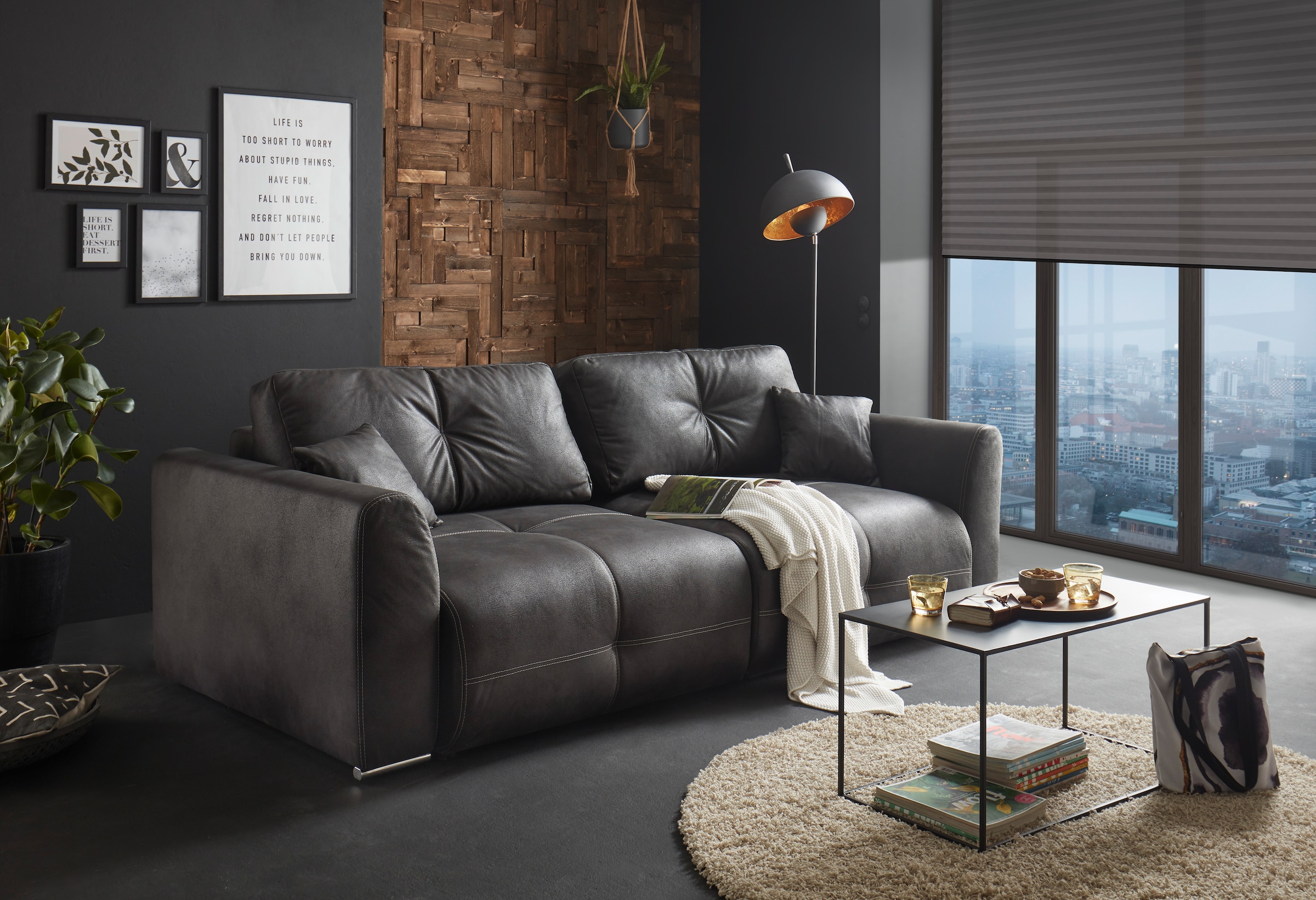 Zierkissen Bettkasten, sowie »Dolan«, bestellen DESIGN BAUR und ED | und Bettfunktion Schlafsofa mit Rücken- EXCITING