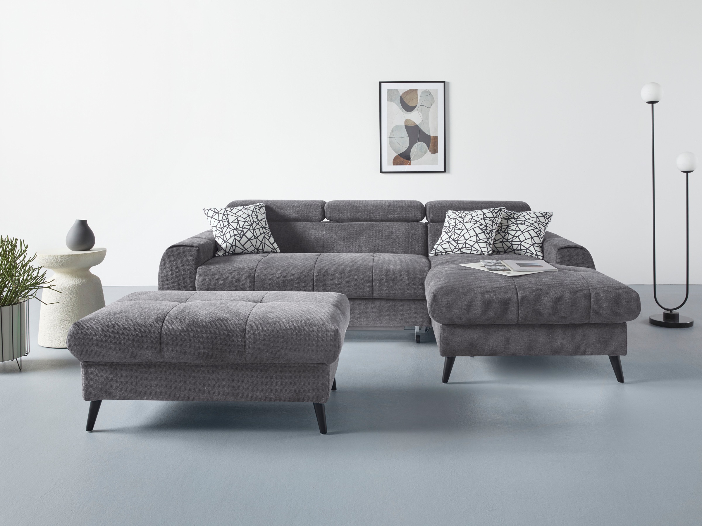 COTTA Ecksofa »Mia L-Form mit 3 Zierkissen«, wahlweise mit Bettfunktion, Bettkasten, Beleuchtung & Wireless-Charger