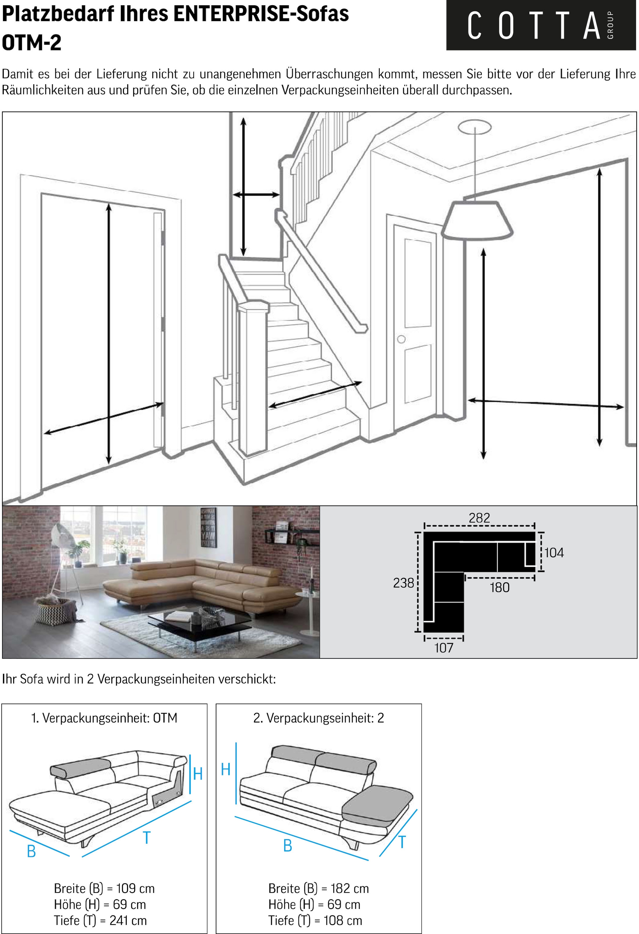 COTTA Ecksofa »Enterprise L-Form«, mit Arm- & Kopfteilverstellung, wahlweise mit Bettfunktion