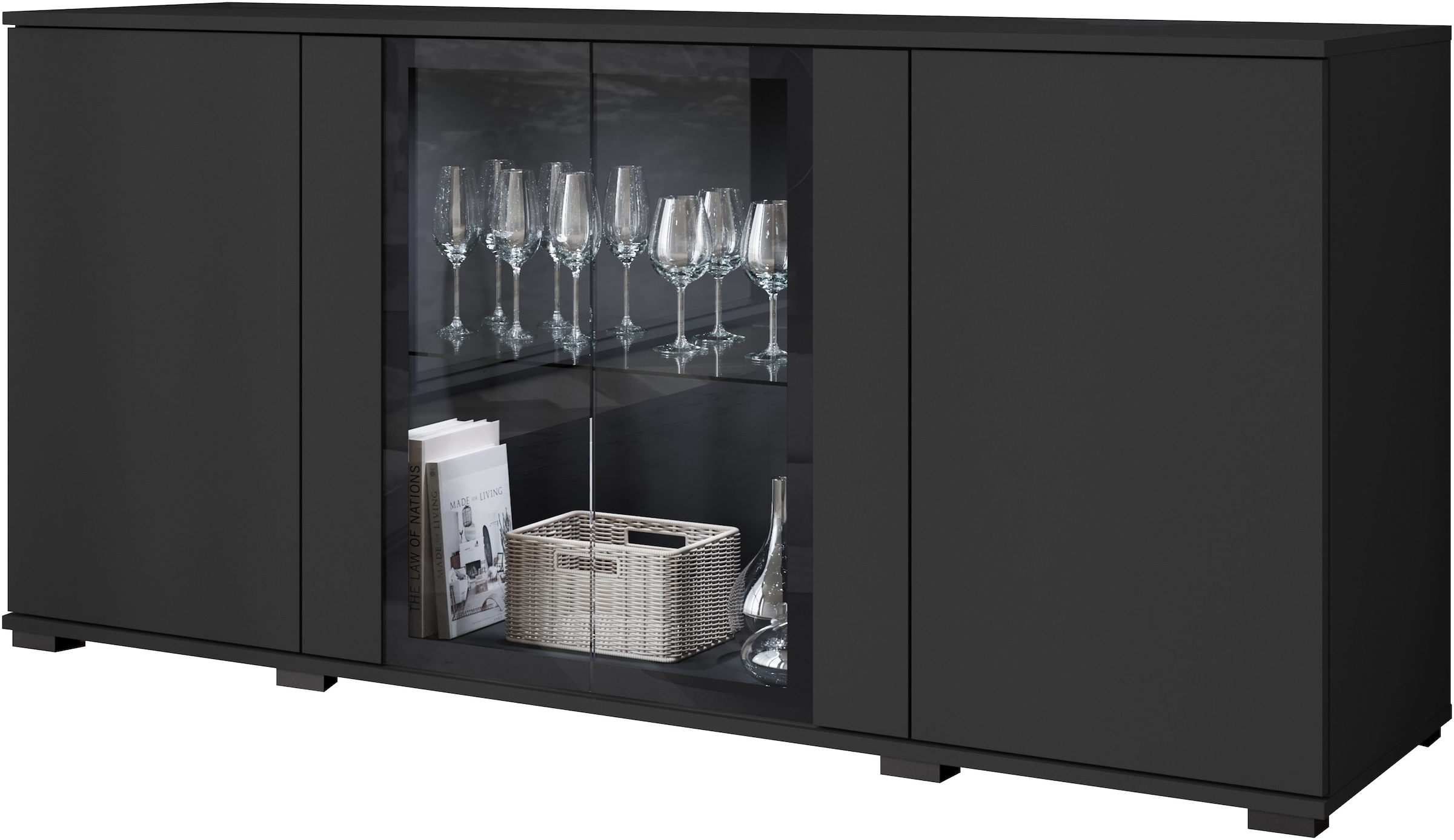 INOSIGN Sideboard »Caro, modernes Design mit Glaseinsätzen, Breite 150 cm«, (1 St.), Grifflose Fronten mit Push-to-Open, höhenverstellbare Einlegeböden