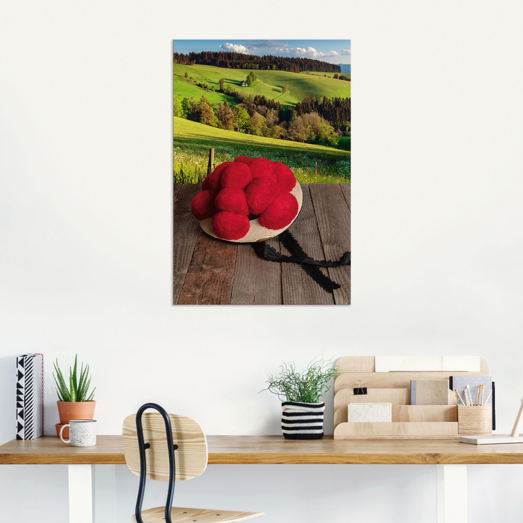 Artland Wandbild »Schwarzwälder Bollenhut auf Holztisch«, Wiesen & Baumbilder, (1 St.), als Alubild, Outdoorbild, Leinwandbild in verschied. Größen