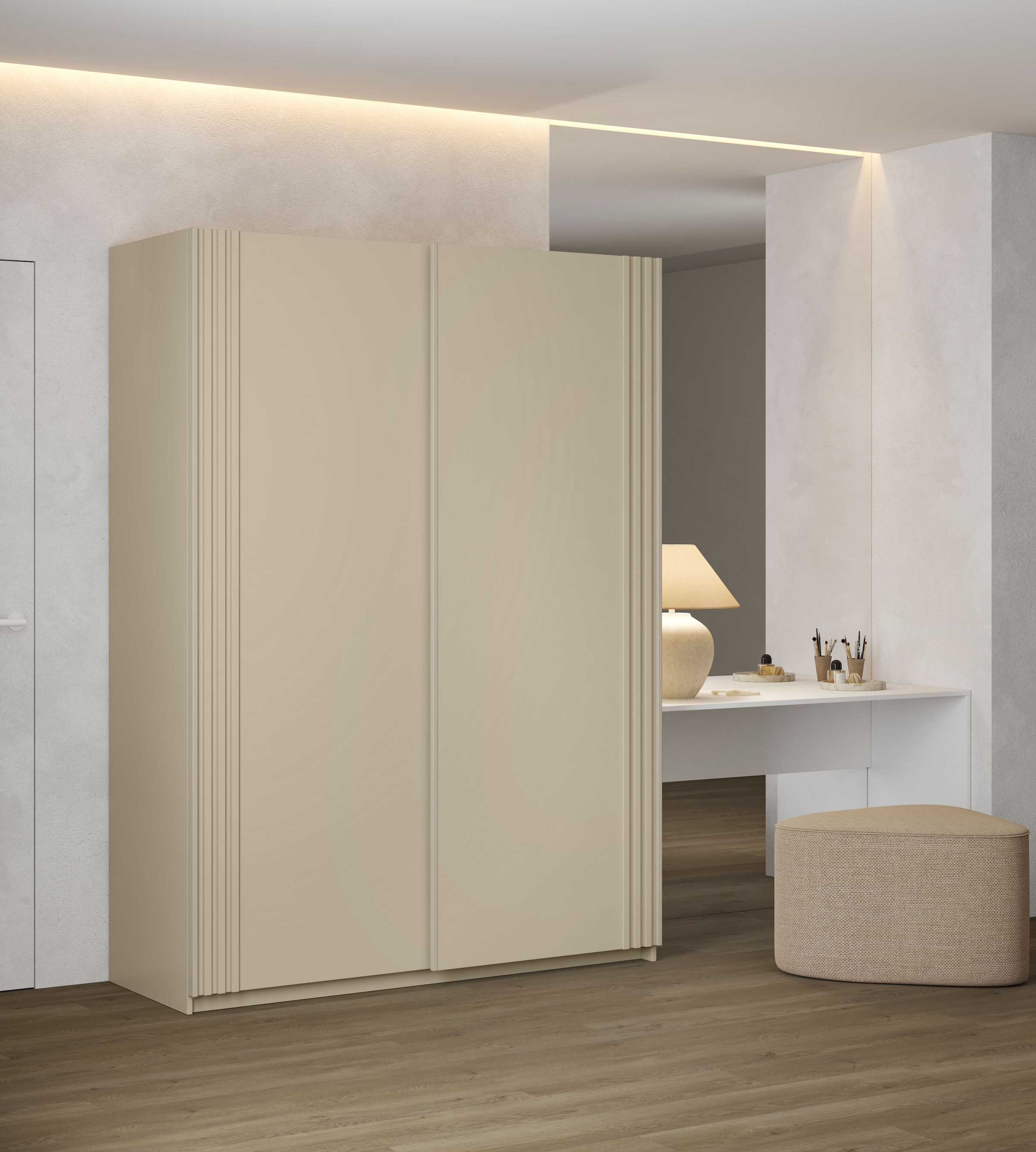 Home affaire Schwebetürenschrank »Niva, Garderobenschrank incl.kompletter Innenausstattung« Moderner Kleiderschrank, Schiebetürenschrank, Lamellen, Wäscheschrank