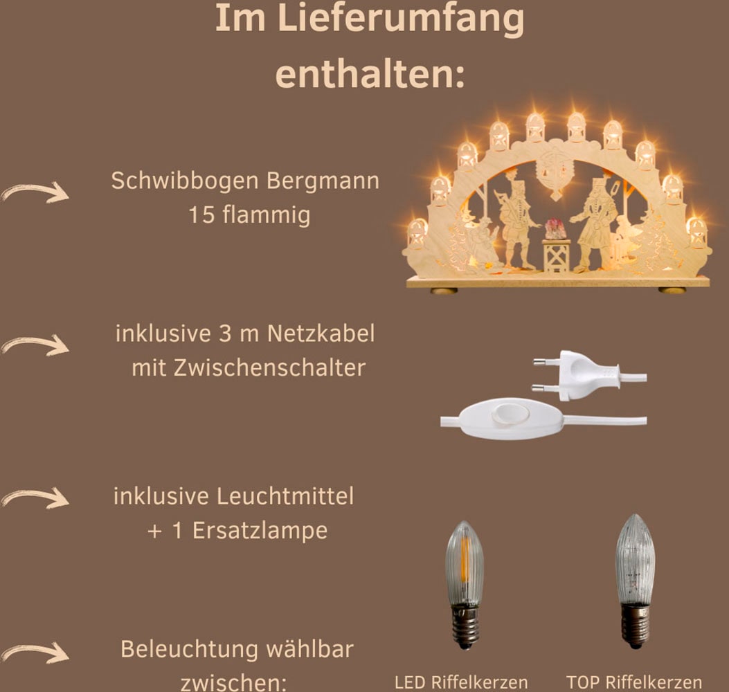 Weigla Schwibbogen »Bergmann mit Amethyst, Lichterbogen aus Holz, NATUR«, Erzgebirge garantiert, Weihnachtsdeko Innen, Weihnachtsbeleuchtung