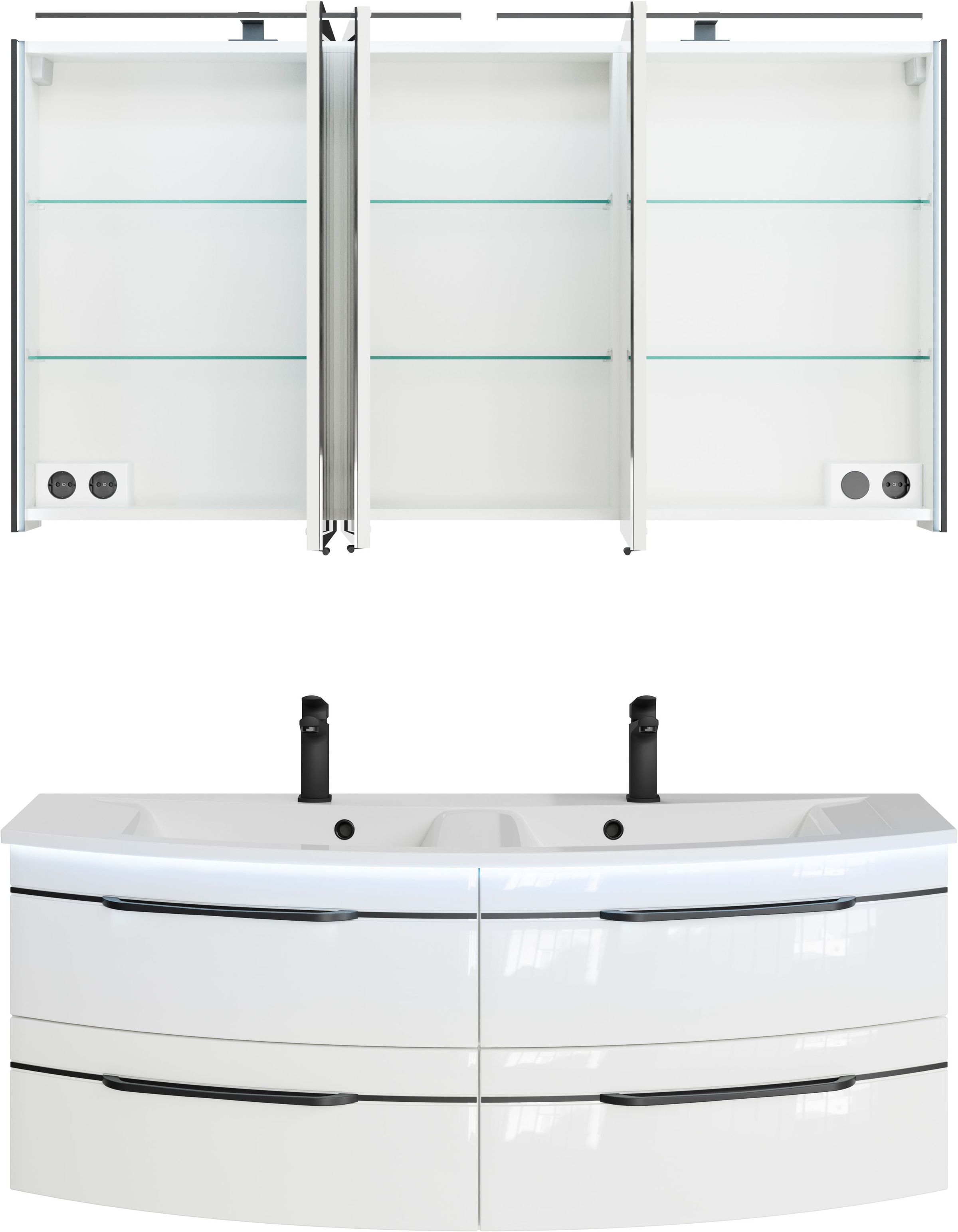 Saphir Badmöbel-Set »Badezimmer-Set 133,2 cm breit, inkl. Türdämpfer, 3 Türen, 4 Schubladen«, (Set, 2 St.), Serie 7045 2-teilig Mineralmarmor-Doppelwaschtisch, LED-Spiegelschrank