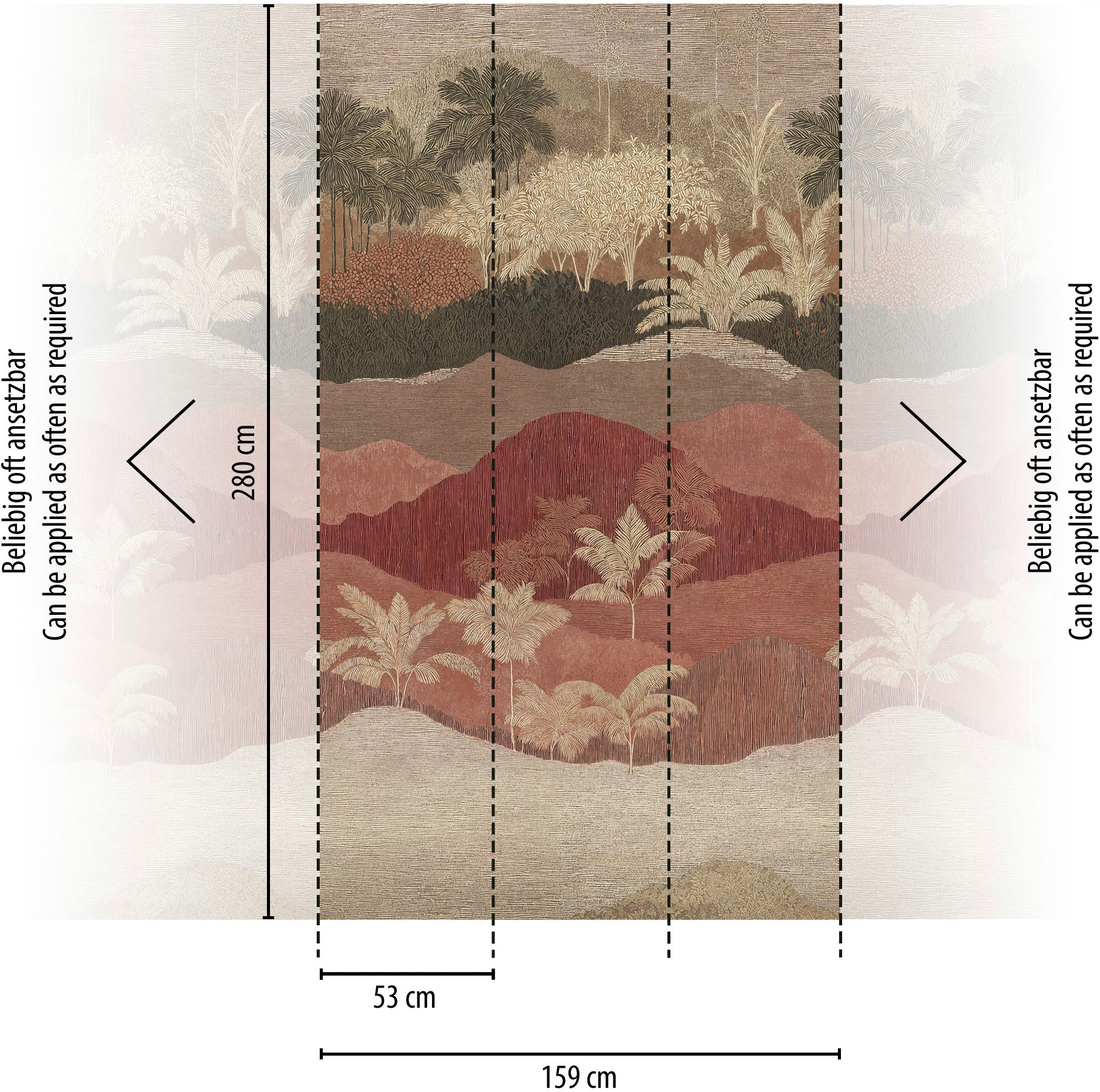 living walls Vliestapete »Vibes & Styles Caldera – Terra Tropica Fototapete« 3D-Optik leicht strukturiert Panorama Landschaft mit stilisierten Palmen und sanftem Tiefeneffekt