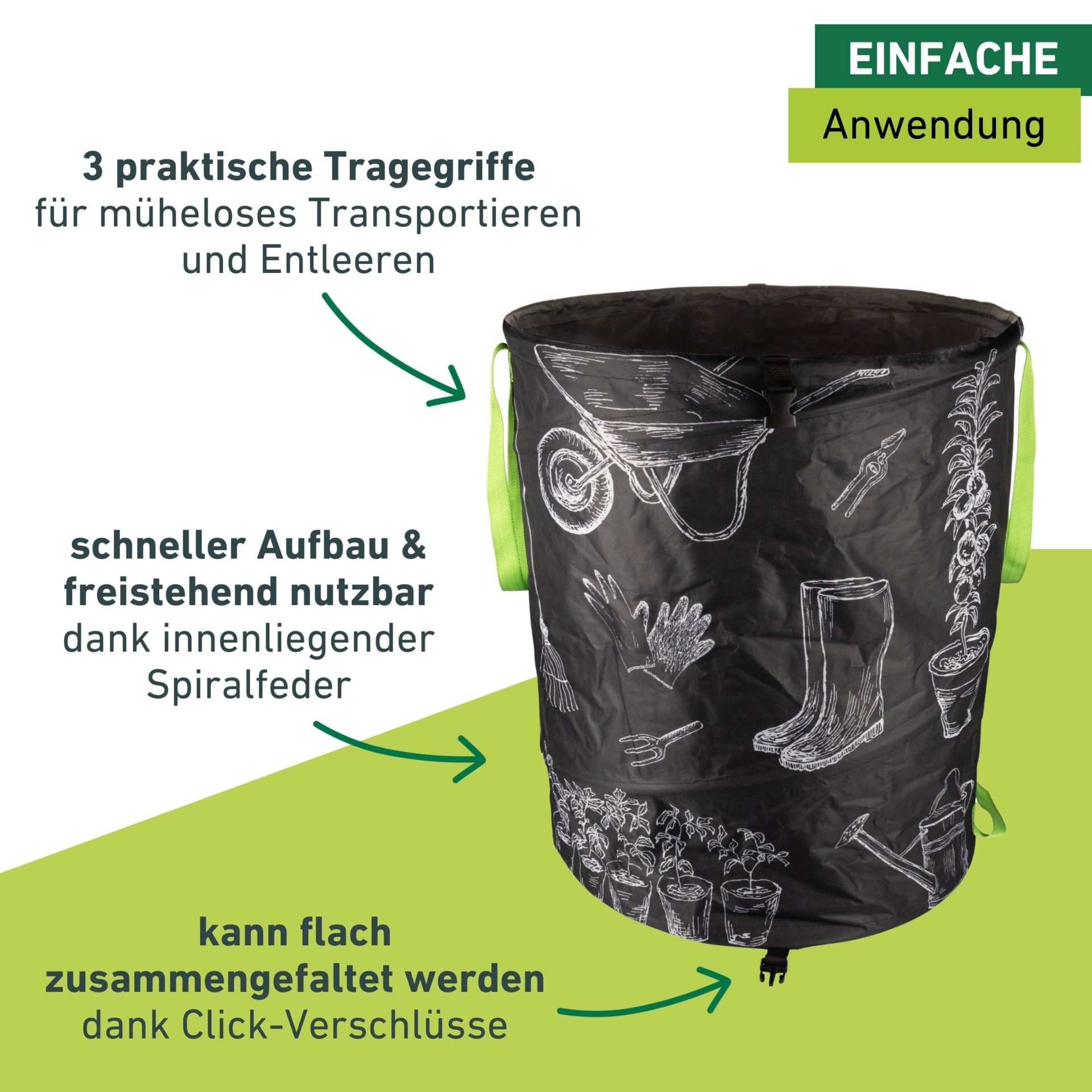 Windhager Gartensack »Pop-up Bag mit Motiv aus hochwertigem Oxford 600D Gewebe« 1 tlg. selbststehender Laubsack 180 Liter, Gartenabfallsack wiederverwendbar