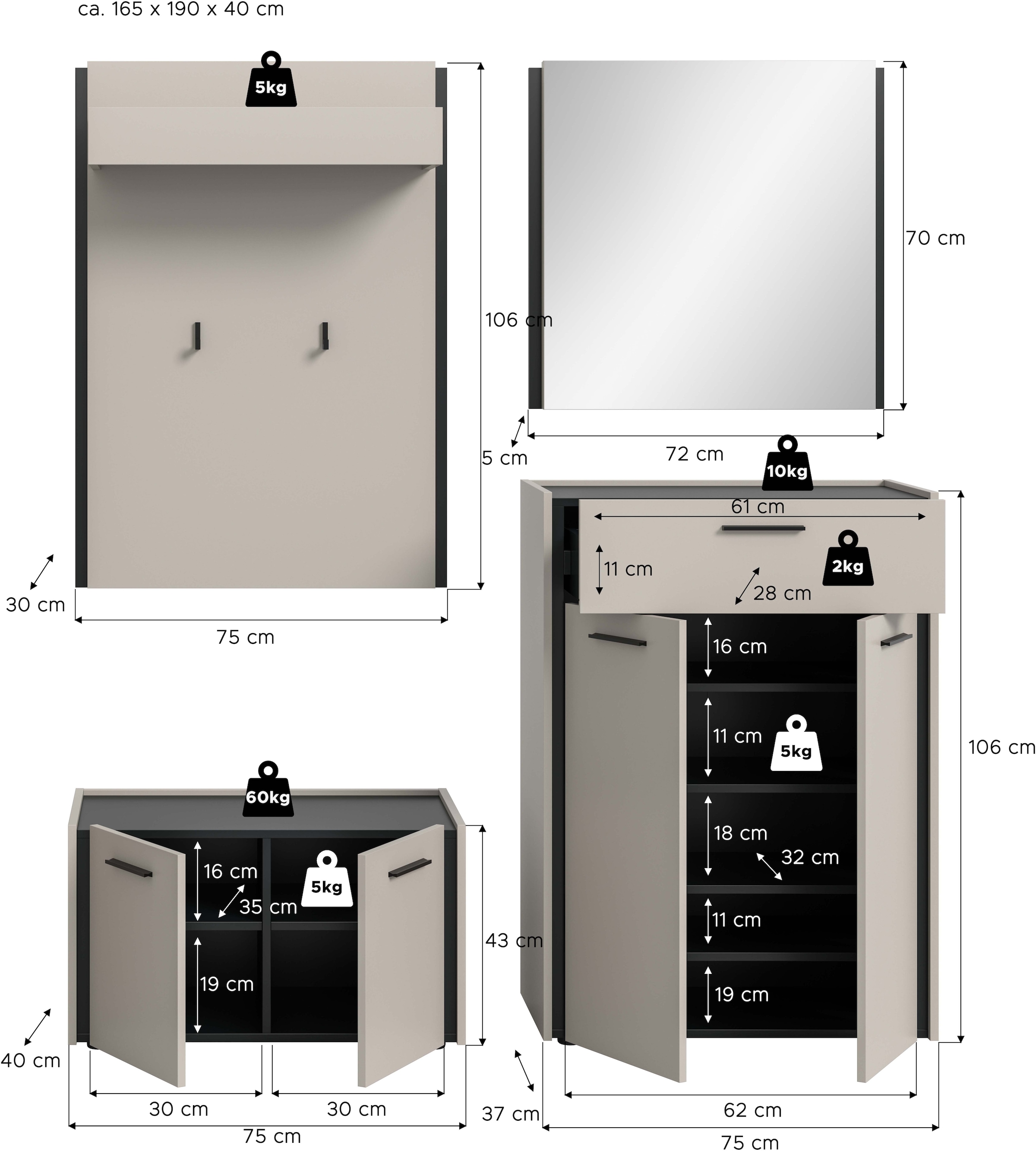 Home affaire Garderoben-Set »RAK, 4-teilige Garderoben-Kombination, Breite ca. 165 cm« Sitzbank, Garderobenpaneel, Schuhkommode, Spiegel, 4 Stk. tlg.