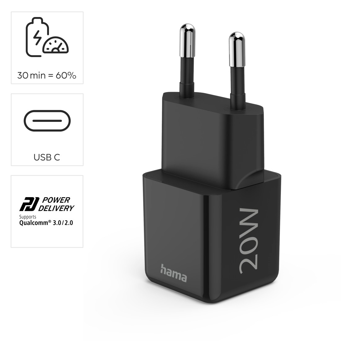 Hama Schnelllade-Gerät »Schnellladegerät (USB-C, PD/QC, extraklein 2,9 x 2,75 x 2,75 cm, 20 W)«, (1 St.)