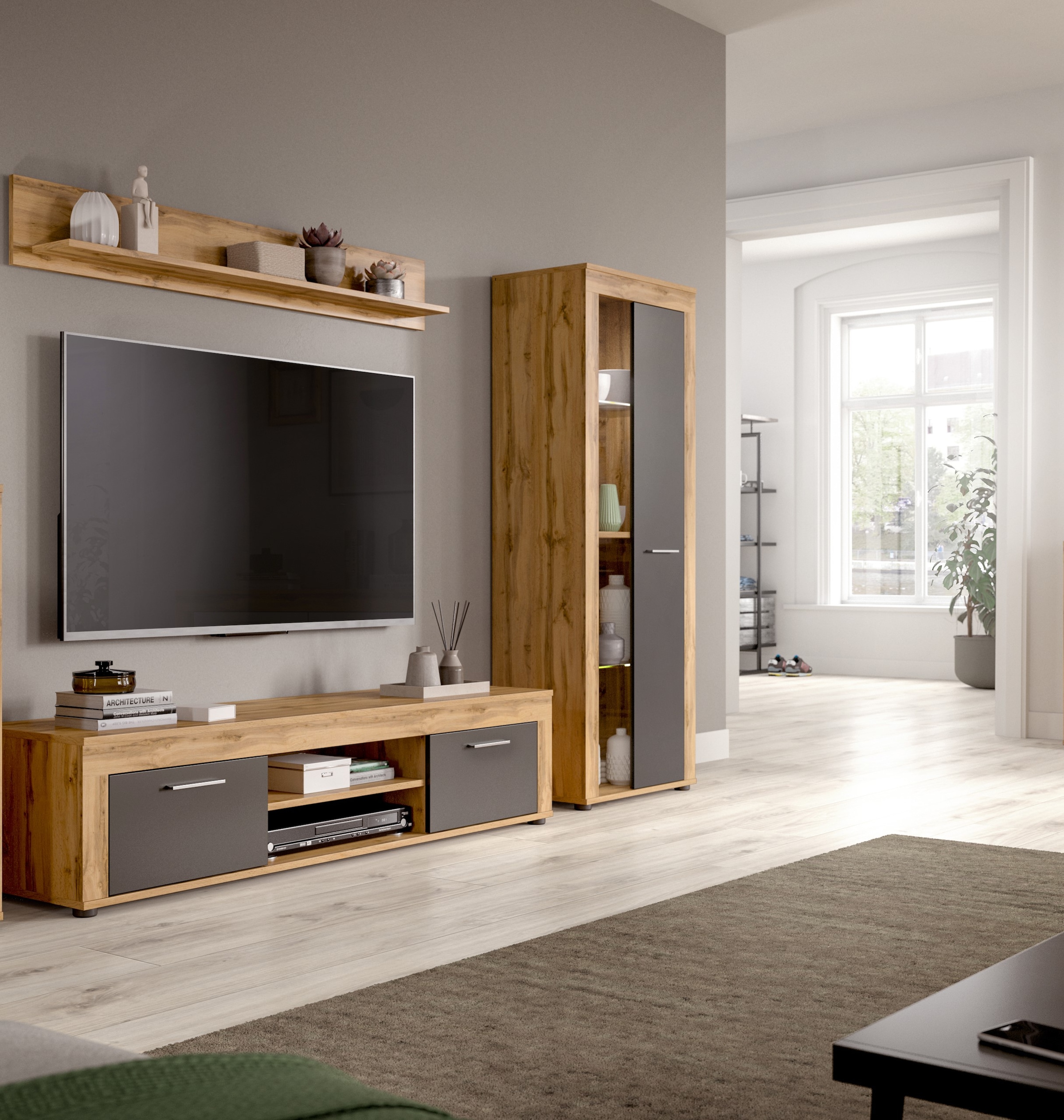 INOSIGN Wohnwand »Aosta, Breite 235cm, bestehend aus Lowboard, Wandboard, Vitrine«, (3 St.), Wohnwand, Kombination, Anbauwand, Möbel Set, Schrankwand, Möbel Kombi