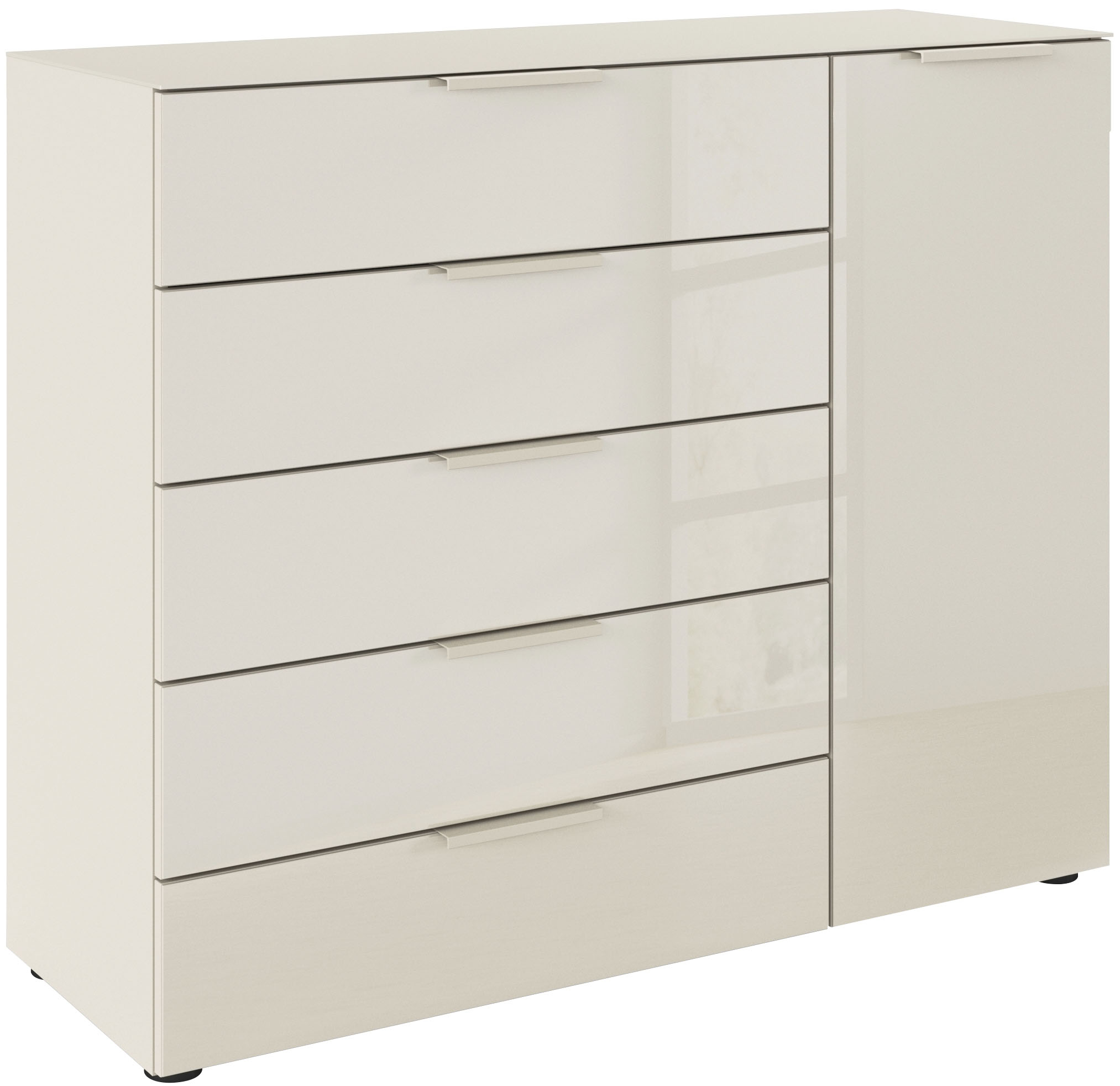 rauch Schubkastenkommode "Kommode Türkommode Sideboard Kombikommode FLIPP mit Glasfront" Breite 120 cm mit 2 Einlegeböden, 1-türig, 5 Schubladen, Soft-Close-Funktion, Oberboden und Front Glas
