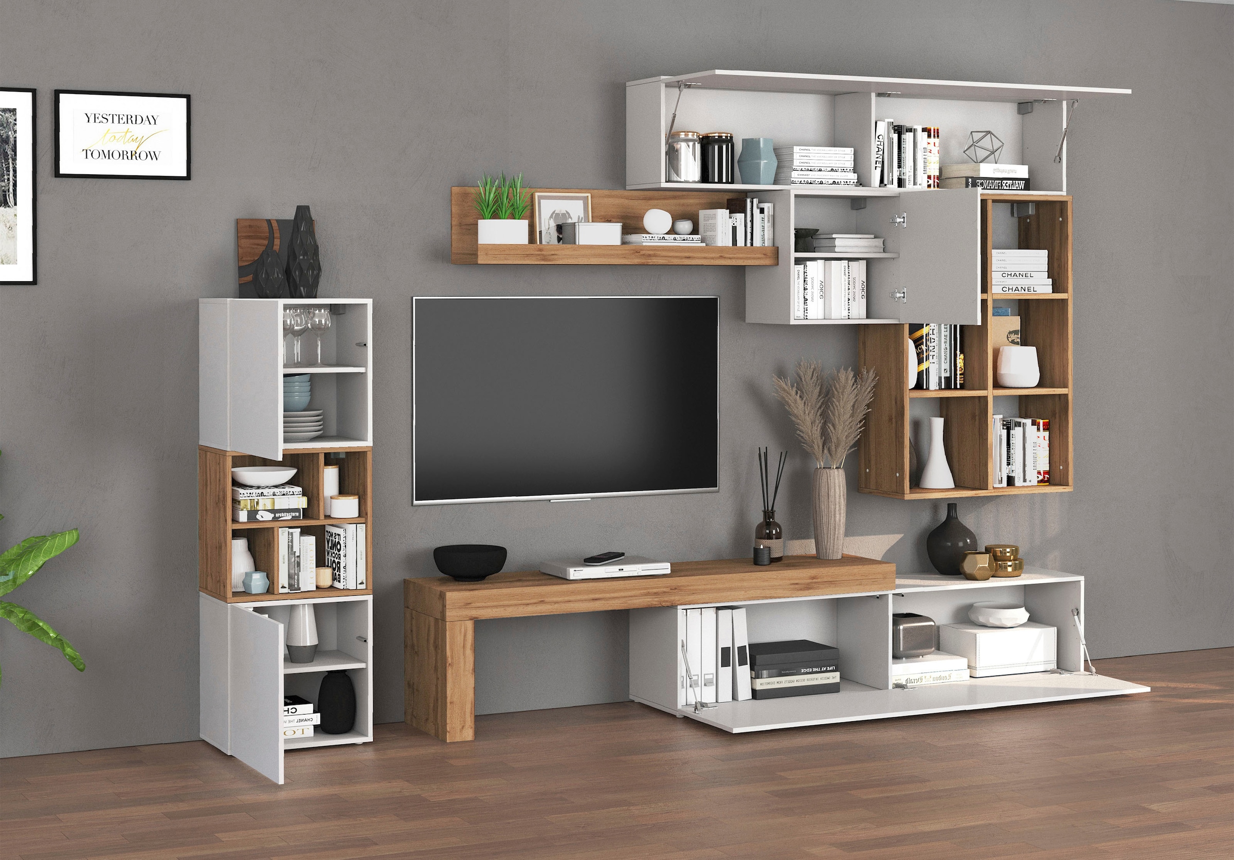 INOSIGN Wohnwand »Chronos Wohnwand, Medienwand, 8-er set«, (Set, 8 St.), ca. 320 cm mit Hängeschränke, Würfel, Regal, Lowboard, Made in Italy