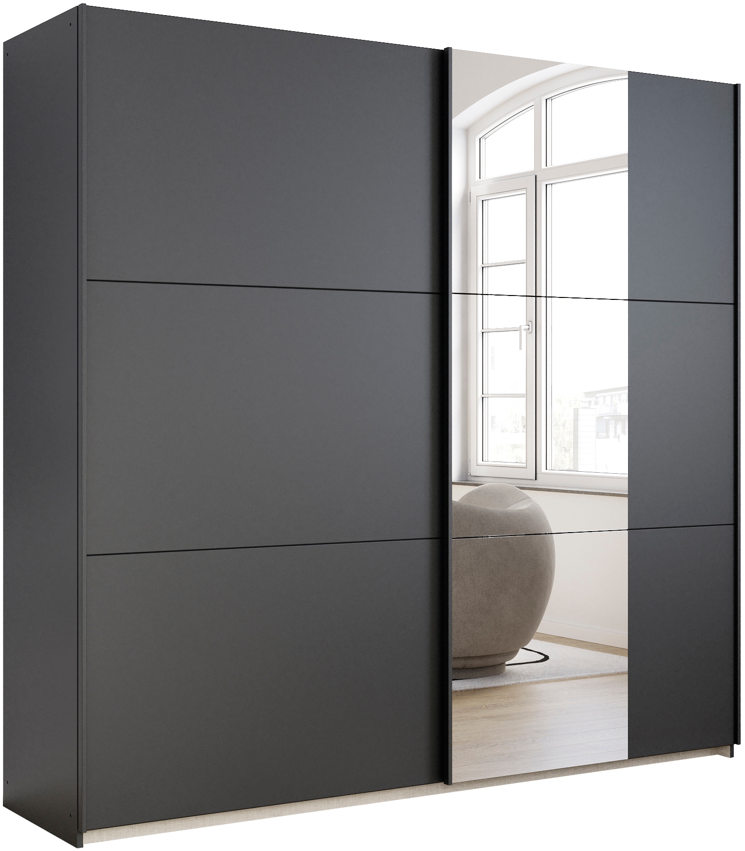 rauch Schwebetürenschrank "Kleiderschrank Drehtürenschrank Schrank Garderobe KRONACH" in 3 Ausstattungen BASIC/CLASSIC/PREMIUM, Breiten 131/175/218/261 cm, optional ohne, mit 1 oder 2 Spiegel, viel Stauraum MADE IN GERMANY