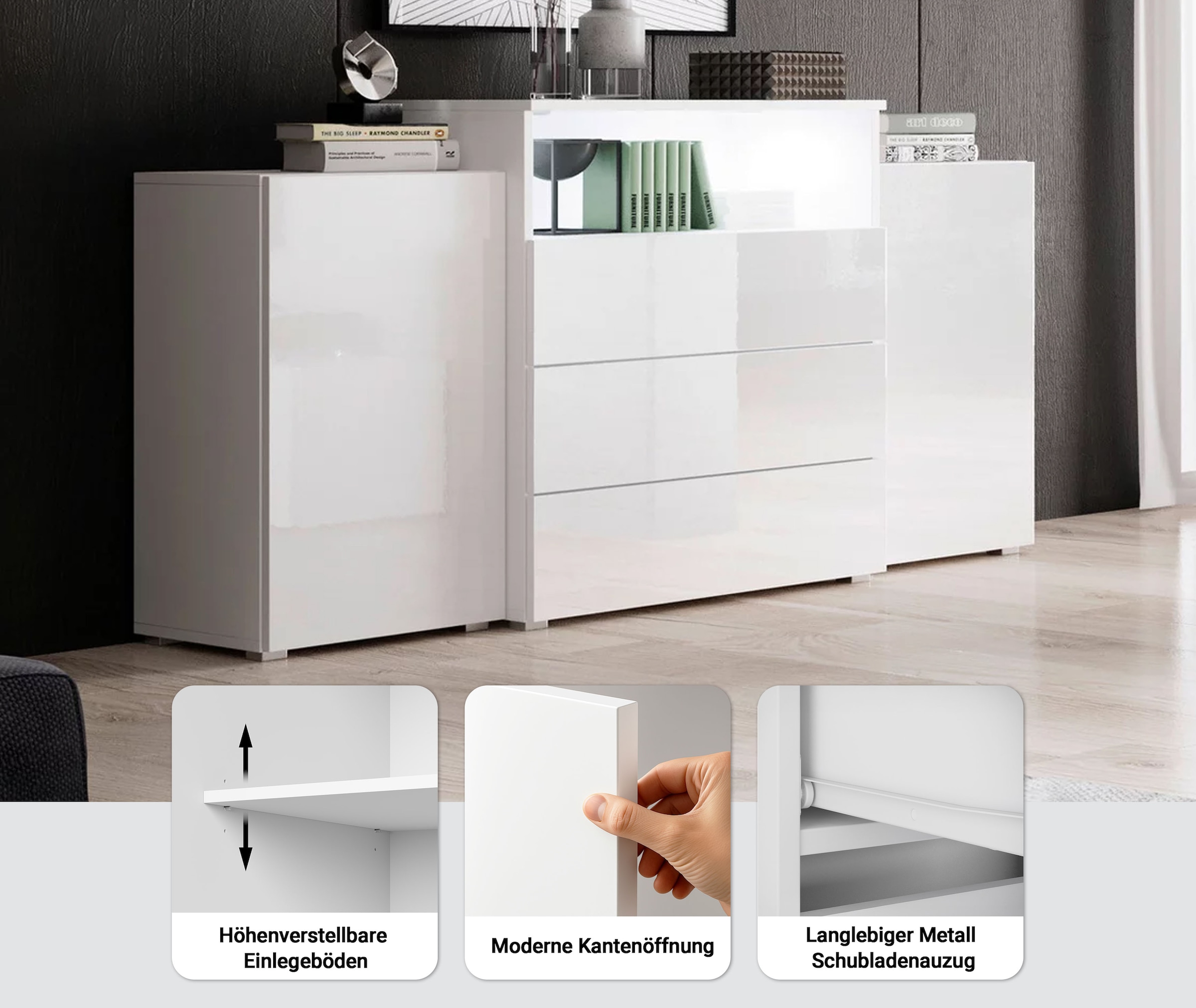 Home affaire Sideboard »URBAN III« Moderne Kommode mit 3 Schubladen und 4 Fächern, Breite 150 cm