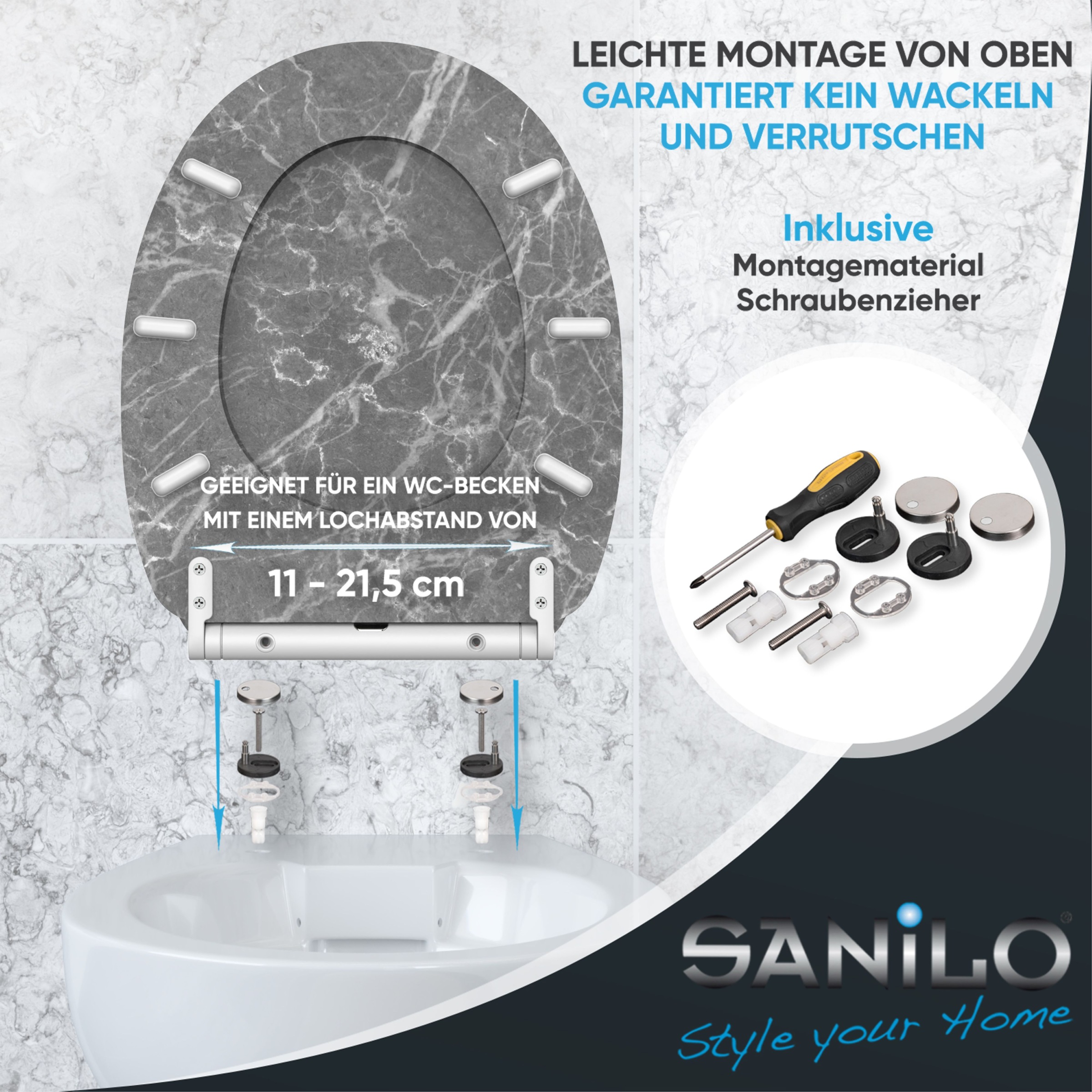 Sanilo WC-Sitz »Marmor Grau mit Absenkautomatik & Quick Release« Premium Toilettendeckel, abnehmbar, leichte Montage von oben