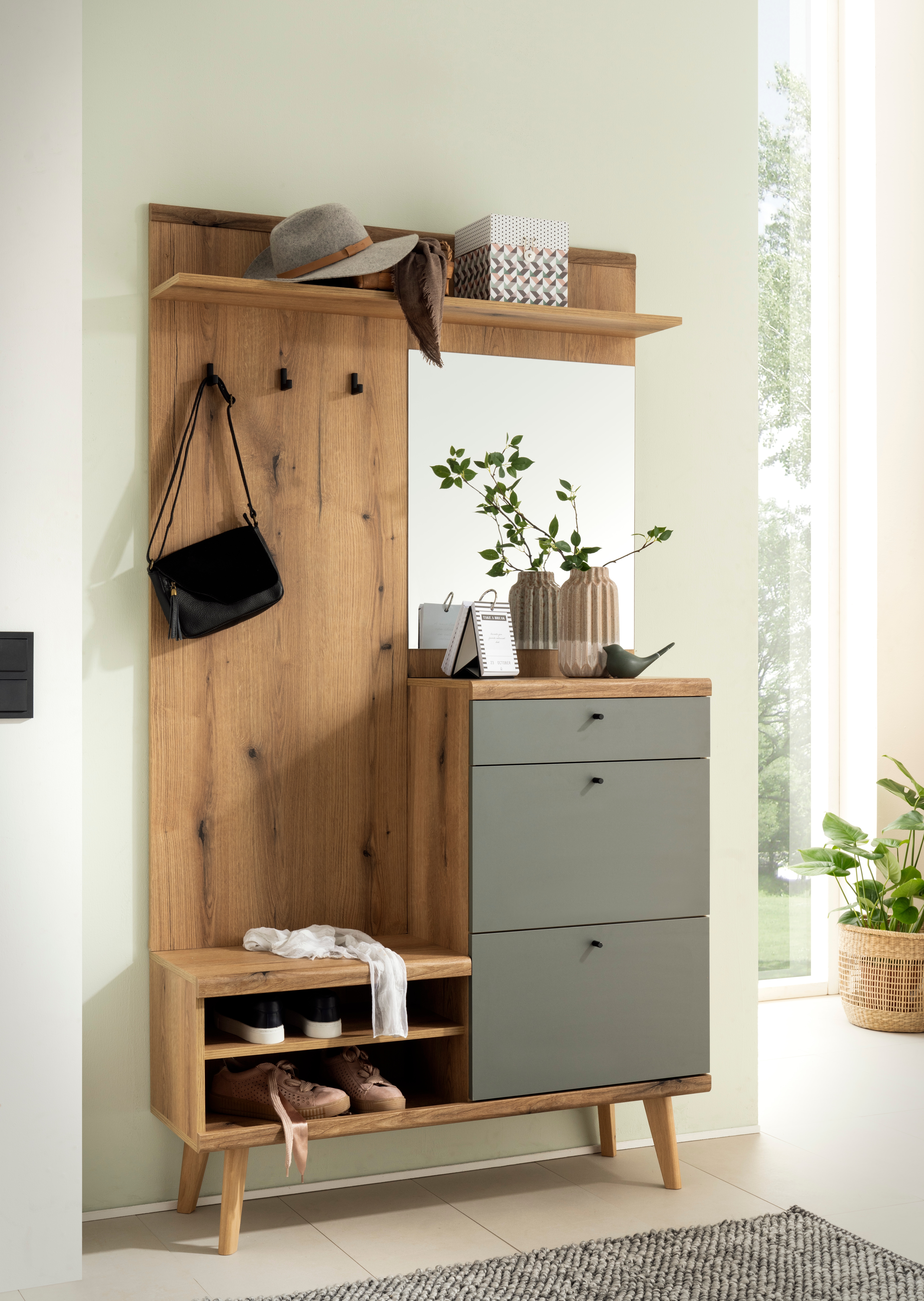 Home affaire Kompaktgarderobe "Mavas, Garderobe, Garderobenschrank, ScandicDesign, Evoke Eiche/Salbei" ausreichend Stauraum, für kleine Räume geeignet, 110 cm breit