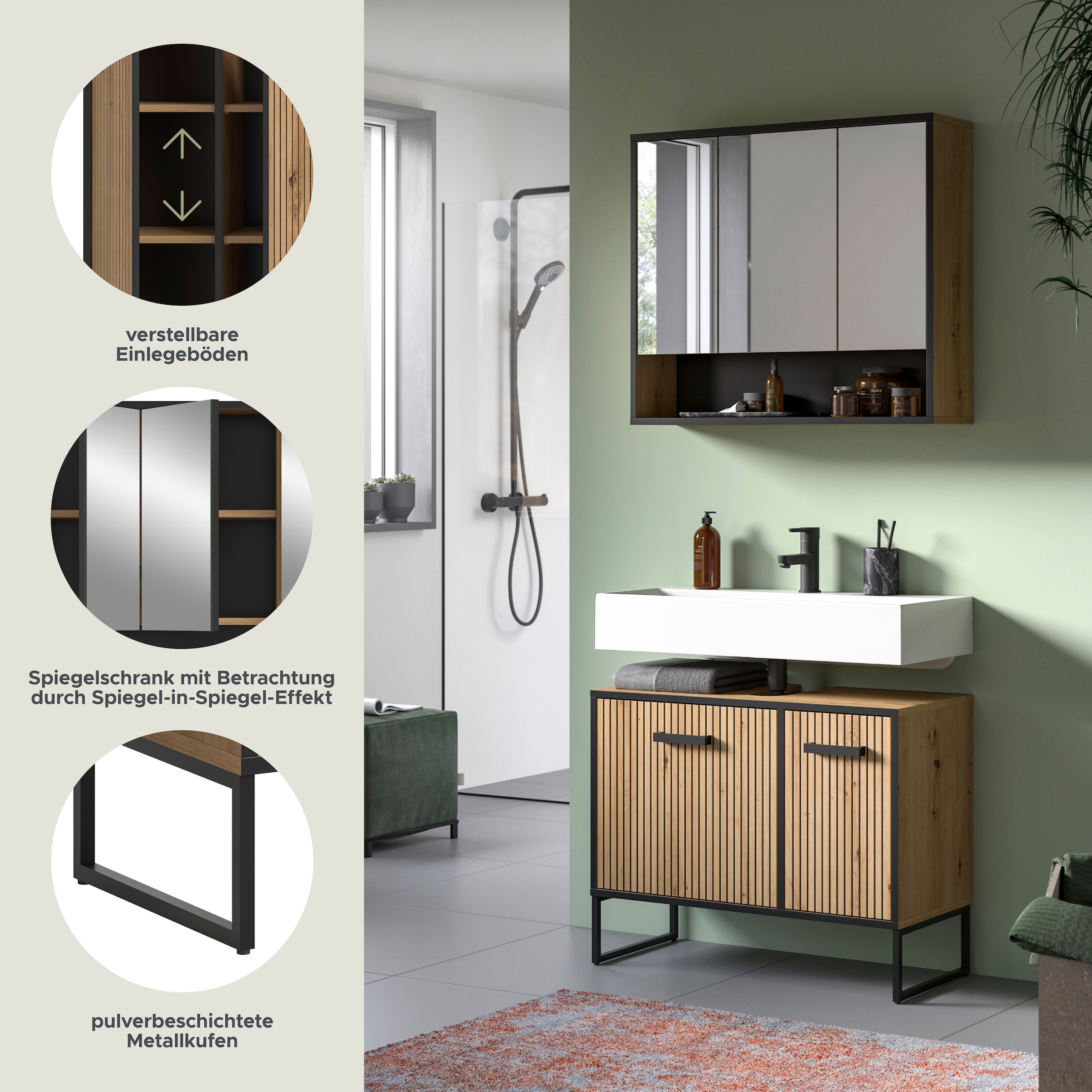 welltime Badezimmer-Set »LOCRI, 2-tlg. Badkombination, Breite 80 cm, Rillenoptik, Metallkufen« bestehend aus: Waschbeckeunterschrank & Spiegelschrank, 2 Stk. tlg.