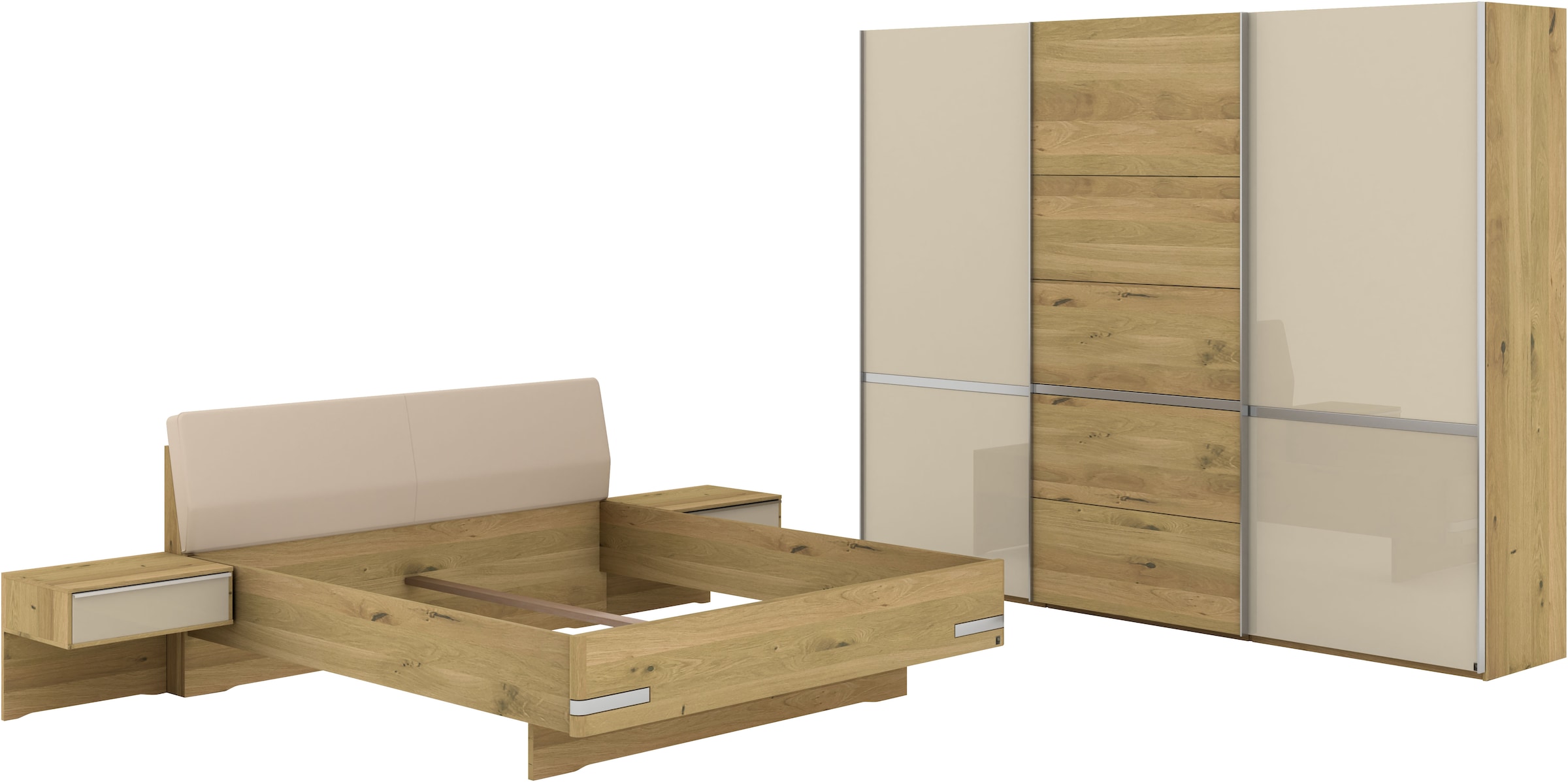 Musterring Schlafzimmer-Set »Savona, Kleiderschrank, Bett & Nachtkommoden, teilmassiv Bianco-Eiche«, (2er-Set Nachtschränke, Schwebetürenschrank, Bett 180x200 cm), Kopfteil Kunstleder Champagner, Schrank mit Eiche- und Glastüren
