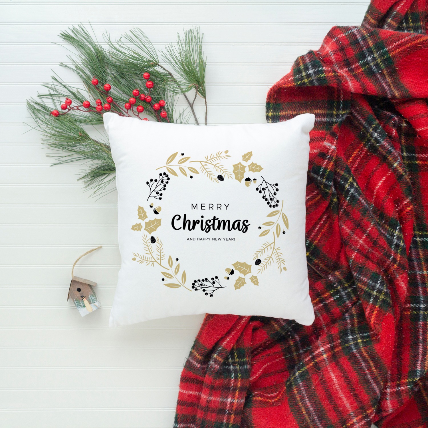 queence Dekokissen, Kissenhülle,Merry Christmas,Weiß,Weihnachtsmotiv,Festlich,Winterlich