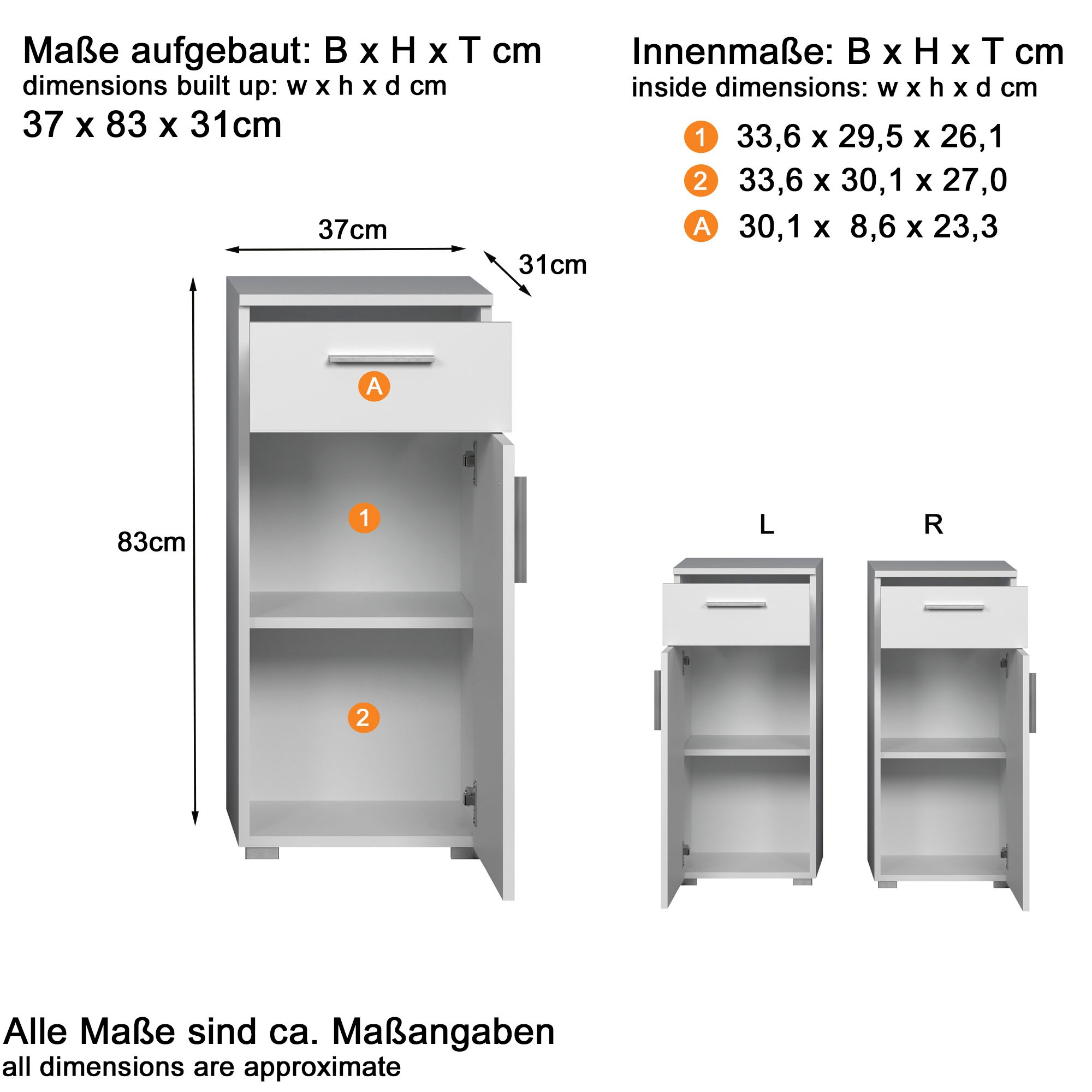 welltime Unterschrank »Prag«, (1 St.), Standschrank mit wechselbarem Türanschlag - (B/T/H) 37/31/83 cm