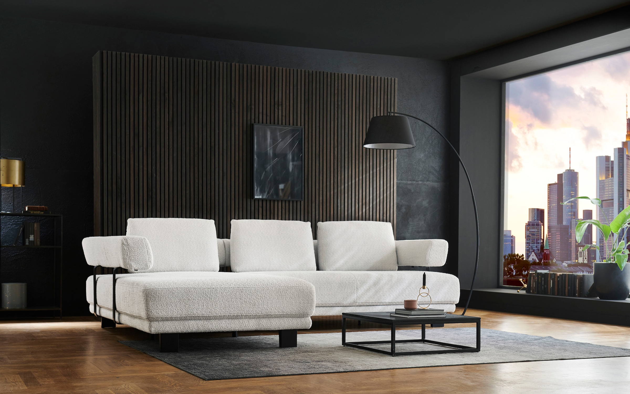 HUKLA Ecksofa »HU-HP18064 L-Form«, (Set), Optional mit motorischer Vorziehbank, stylische Reling
