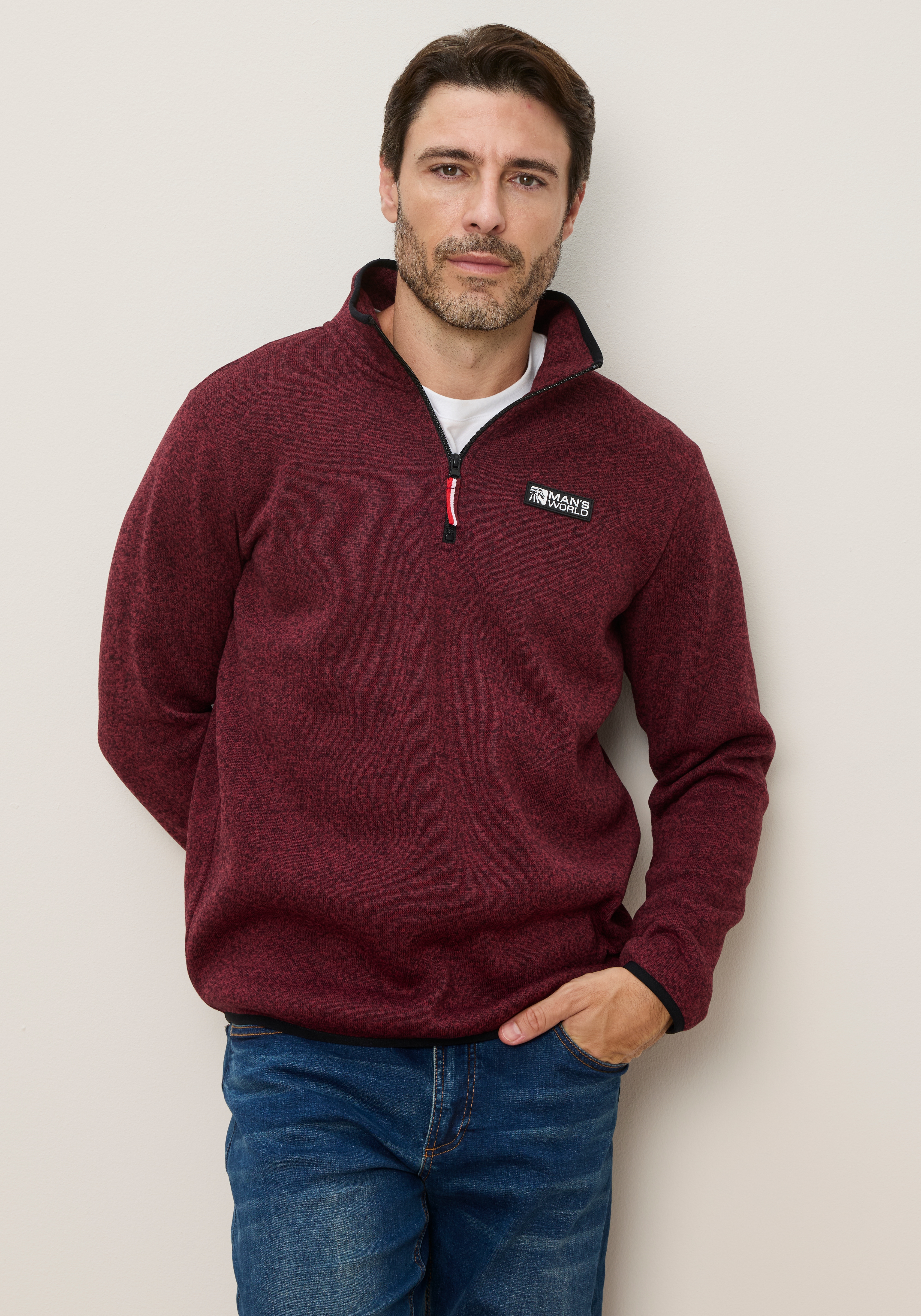 Mans World Fleecepullover, mit hoch geschlossenem Ausschnitt, melierte Optik, sportlicher Stil