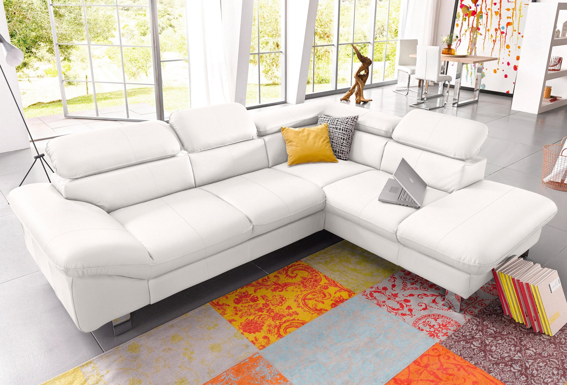 COTTA Ecksofa "Driver L-Form, B: 265 cm, moderne Couch mit Wellenunterfederung, Leder" inkl. 3x Kopfteilverstellung, optional mit Schlaffunktion + Stauraum