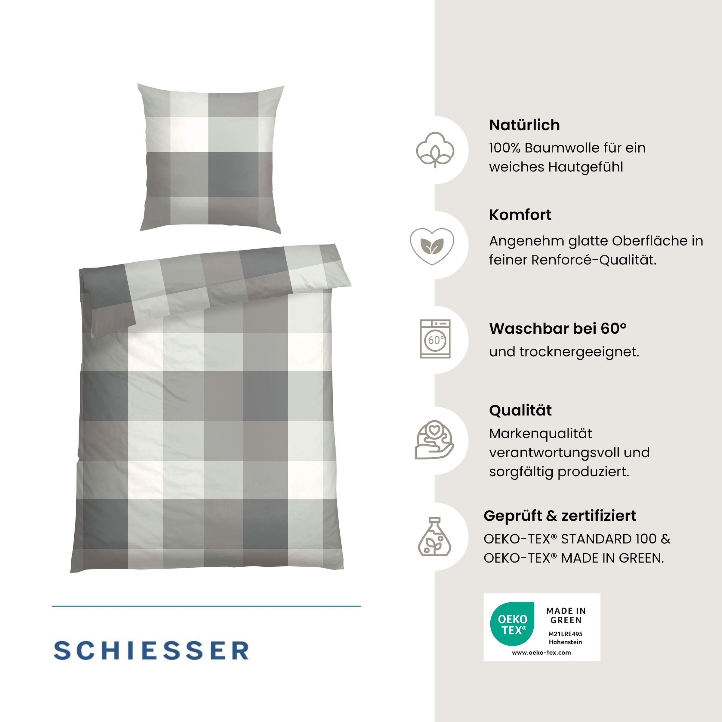 Schiesser Bettwäsche »Travis aus weicher Baumwolle mit zeitlosen Karos« 2 OEKO-TEX® MADE IN GREEN