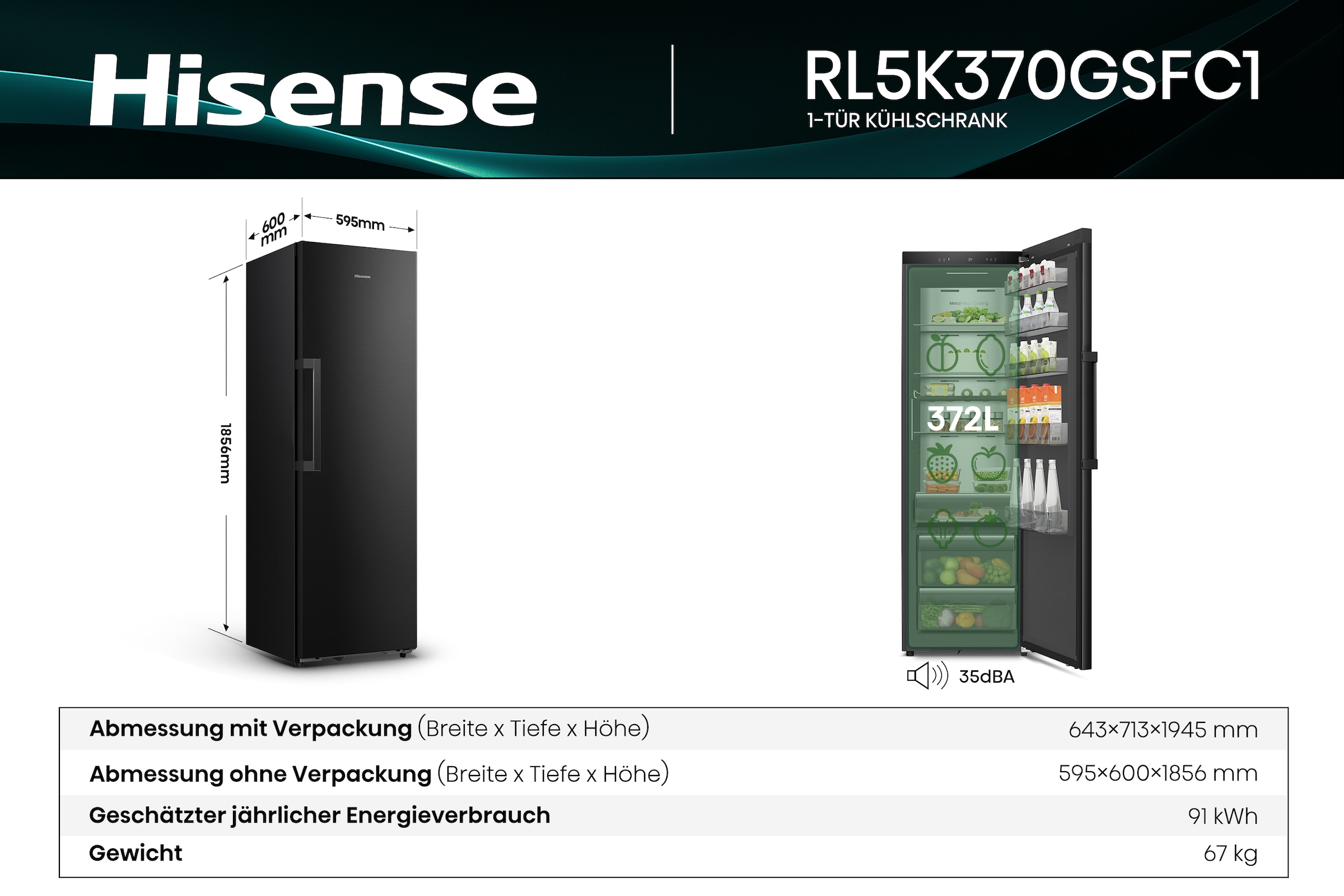 Hisense Kühlschrank »RL5K370GSFC1« 185,6 cm hoch 59,5 cm breit MetalCooling
