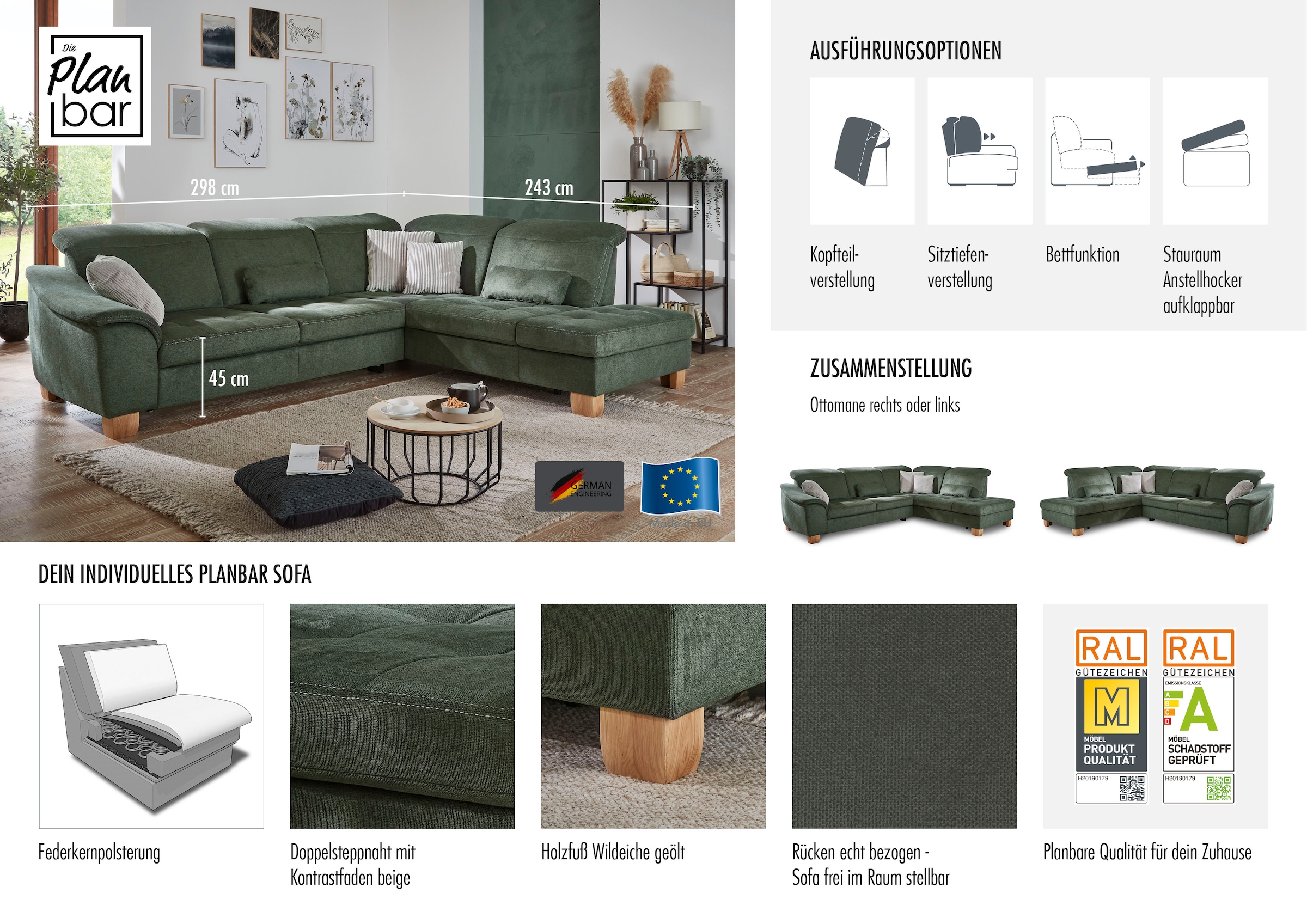 Die PlanBar Ecksofa »PP-LA23145« inkl. Kopfpolsterverstellung, Federkernpolsterung